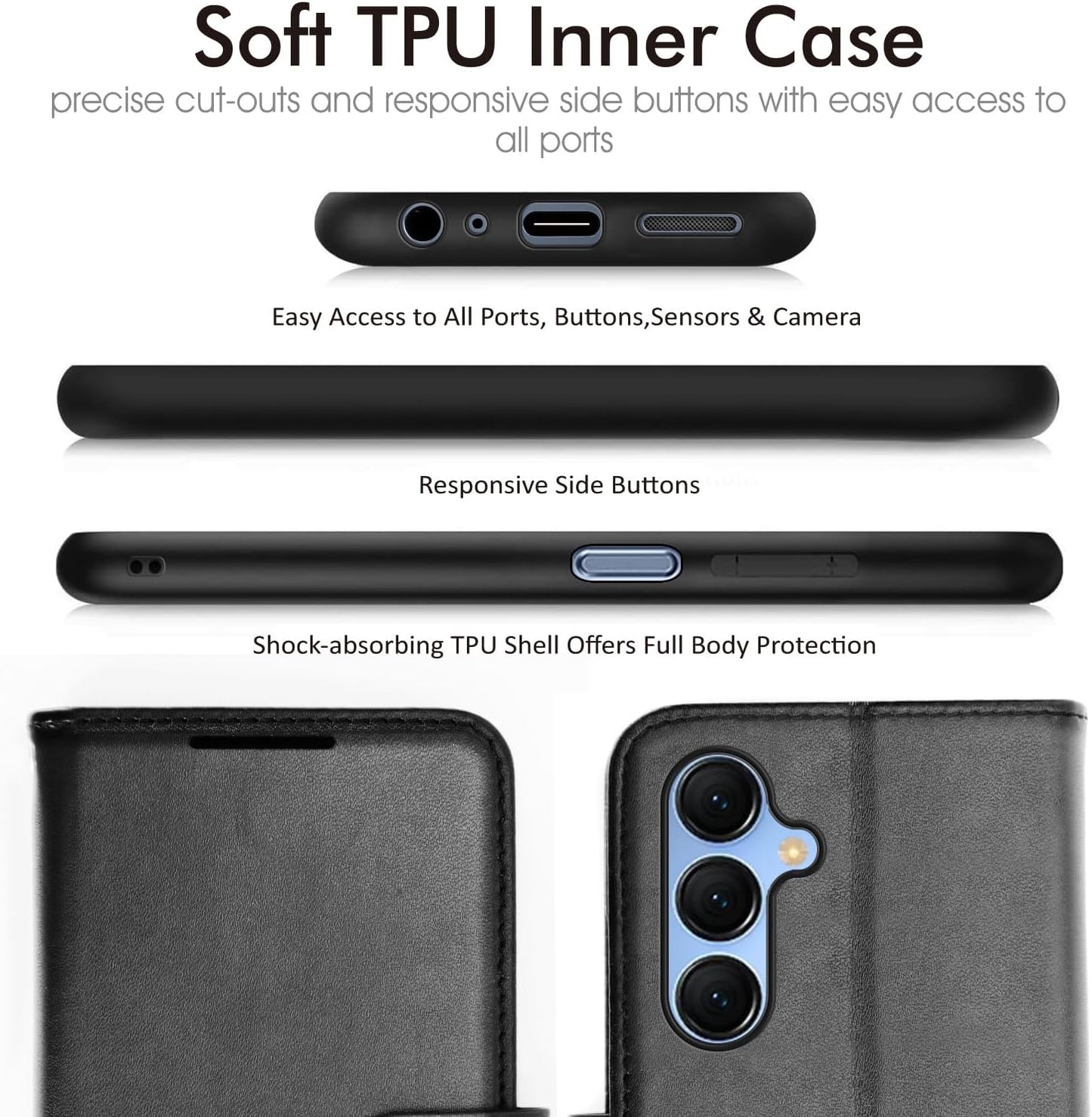 [Leather Wallet Case] Protective Cover with Cash & Card Holder, Stand and Wrist Strap For Samsung Galaxy A15 5g