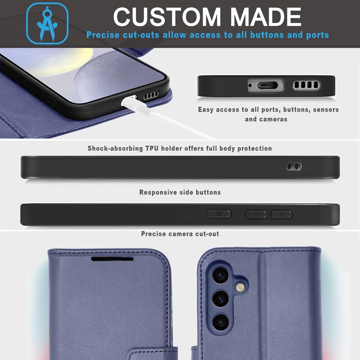 [Leather Wallet Case] Genuine Leather [RFID Blocking] Magnetic Flip Case with Card & Slots and Stand For Samsung Galaxy S24 Plus