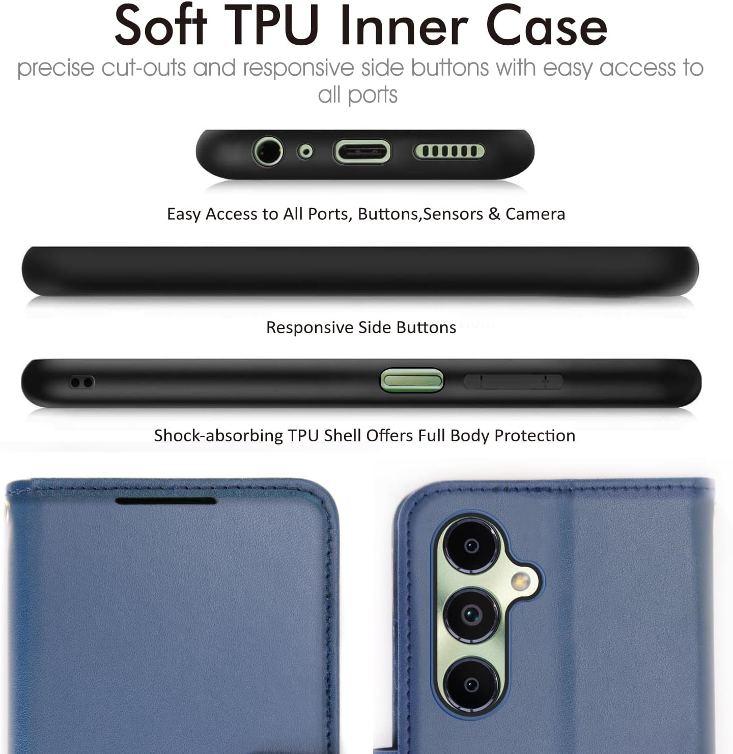[Leather Wallet Case] Protective Cover with Cash & Card Holder, Stand and Wrist Strap For Samsung Galaxy A05s