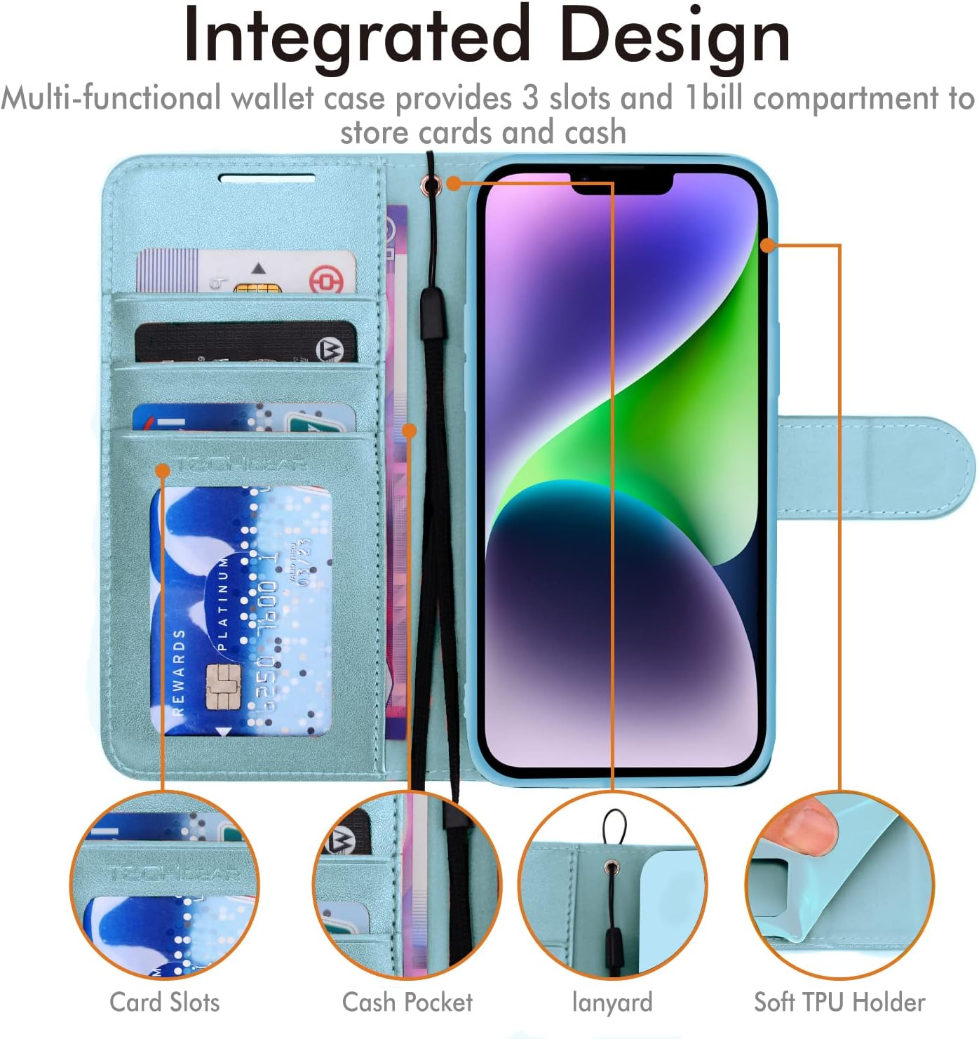 [Wallet Case] Protective Cover with Cash & Card Holder, Stand and Wrist Strap For Apple iPhone 15