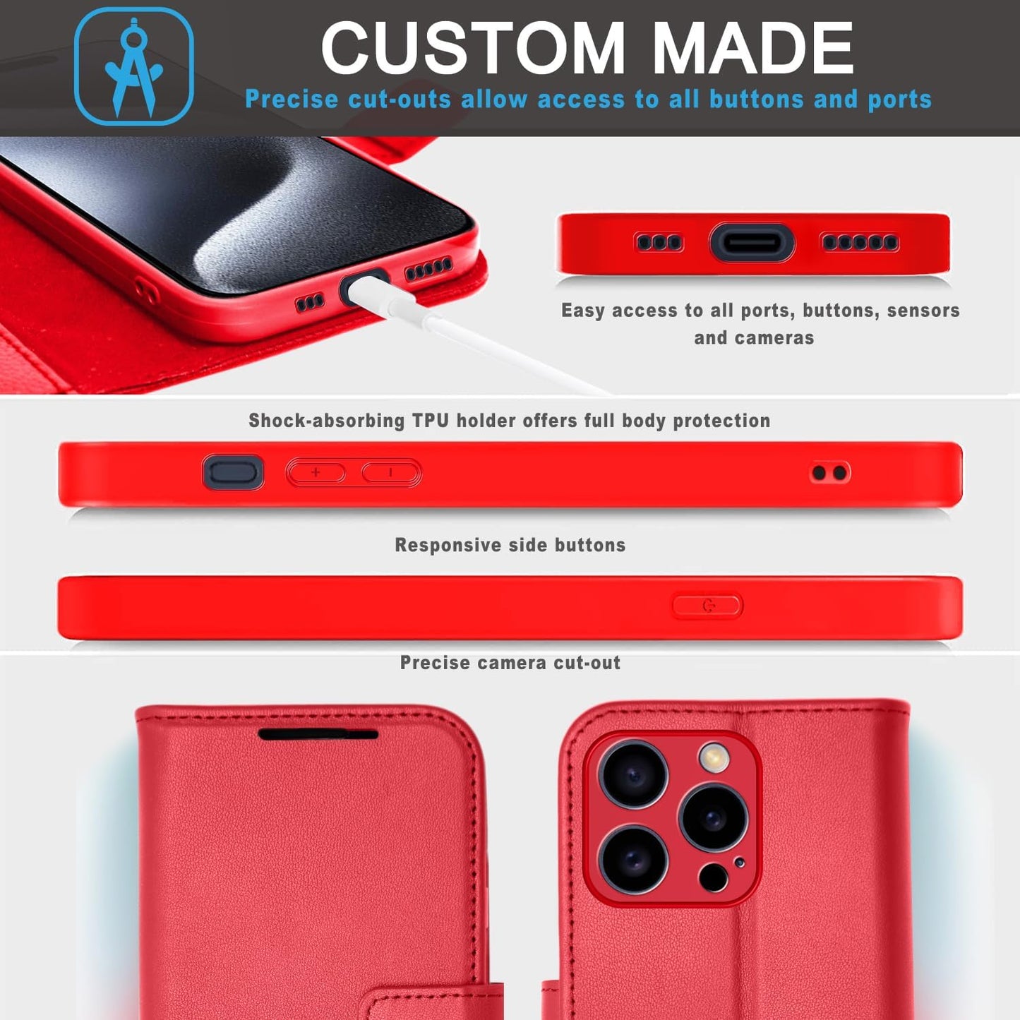 [Leather Wallet Case] Genuine Leather [RFID Blocking] Magnetic Flip Case with Card & Slots and Stand For iPhone 15 Pro
