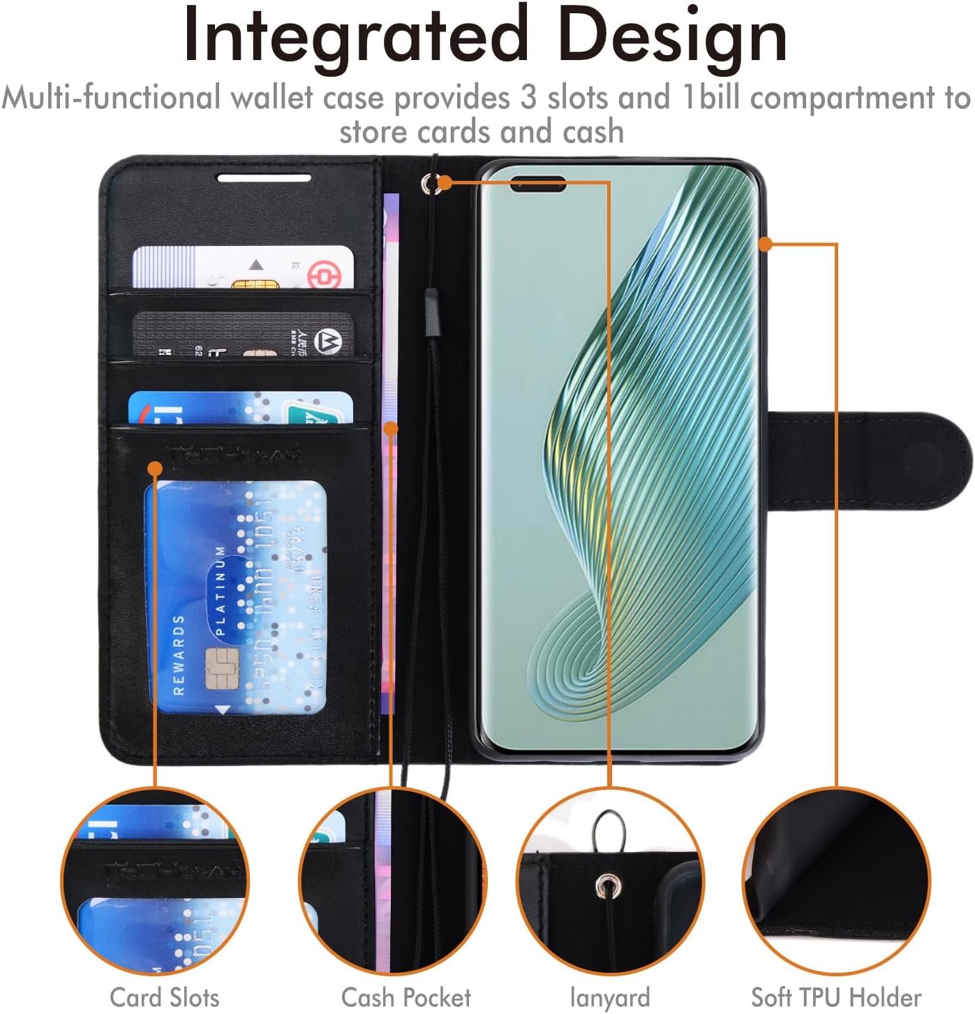 [Wallet Case] Protective Cover with Cash & Card Holder, Stand and Wrist Strap For Honor Magic 5 Pro 5G