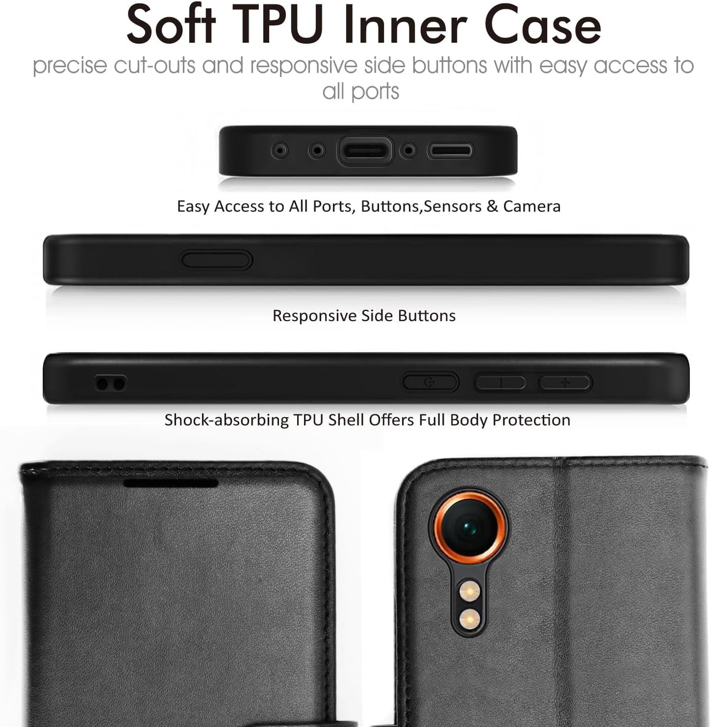 [Leather Wallet Case] Protective Cover with Cash & Card Holder, Stand and Wrist Strap For Samsung XCover 7 5G