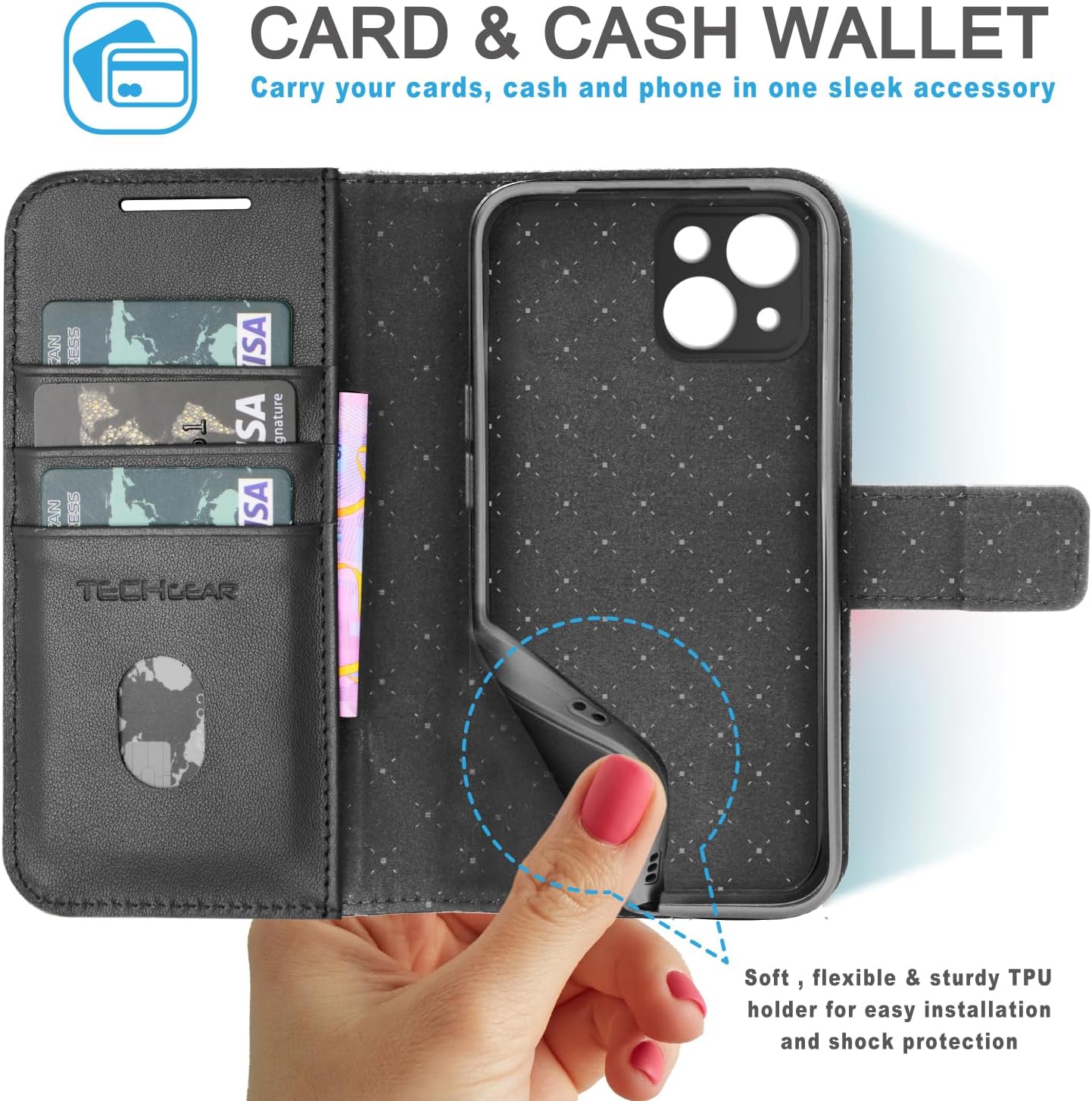 [Leather Wallet Case] Genuine Leather [RFID Blocking] Magnetic Flip Case with Card & Slots and Stand For iPhone 15 6.1"
