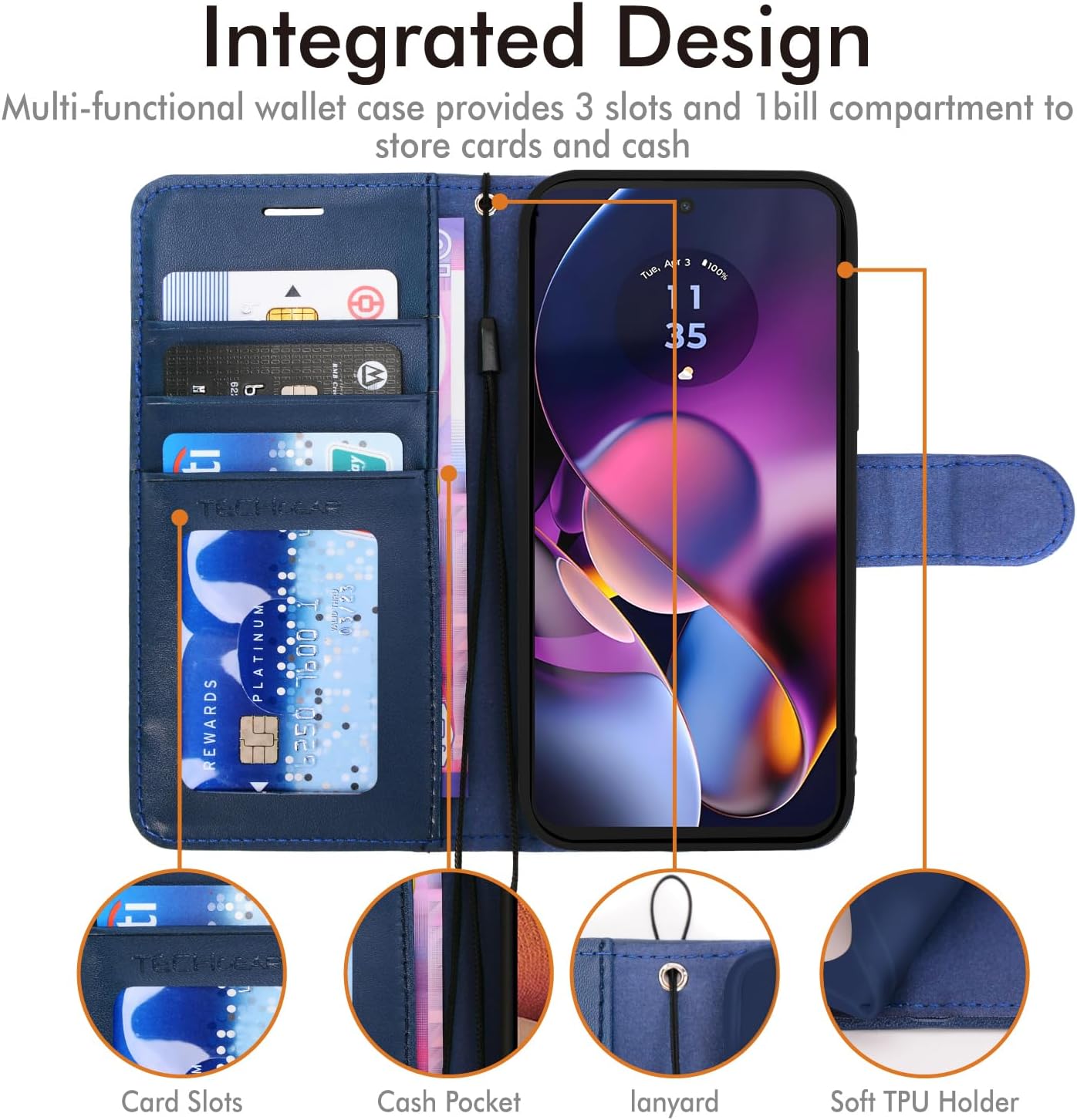 [Leather Wallet Case] Protective Cover with Cash & Card Holder, Stand and Wrist Strap For Motorola Moto G54 5G