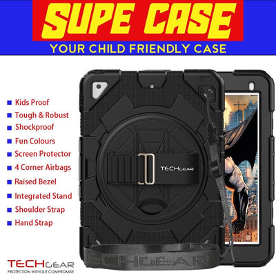 [SUPE Case] Tough Shockproof Fun Case with 360 Rotating Stand, Hand & Shoulder Strap for Apple iPad 9.7" (2018 / 2017) & iPad Air 2 & iPad Pro 9.7"