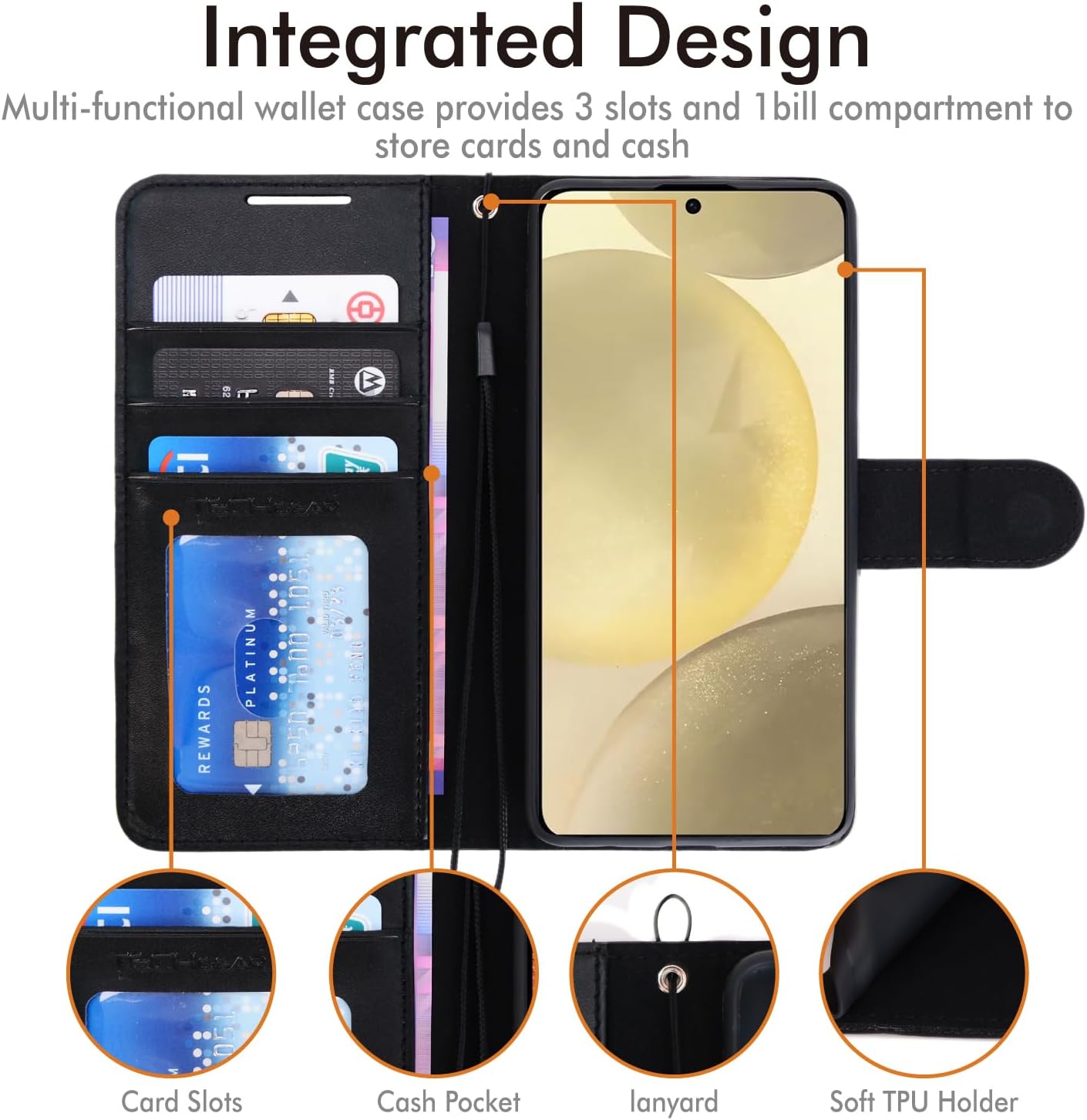 [Wallet Case] Protective Cover with Cash & Card Holder, Stand and Wrist Strap For Samsung Galaxy S24 Plus