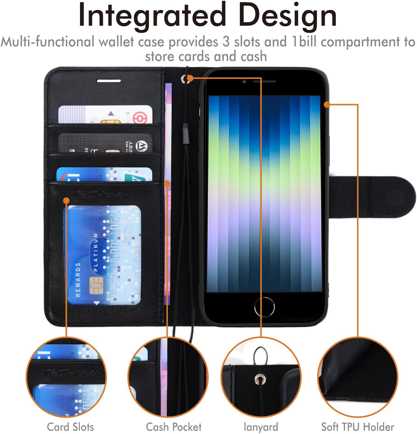 [Wallet Case] Protective Cover with Cash & Card Holder, Stand and Wrist Strap For Apple iPhone SE 3 / SE 2 / iPhone 8 7 6 6s 4.7"