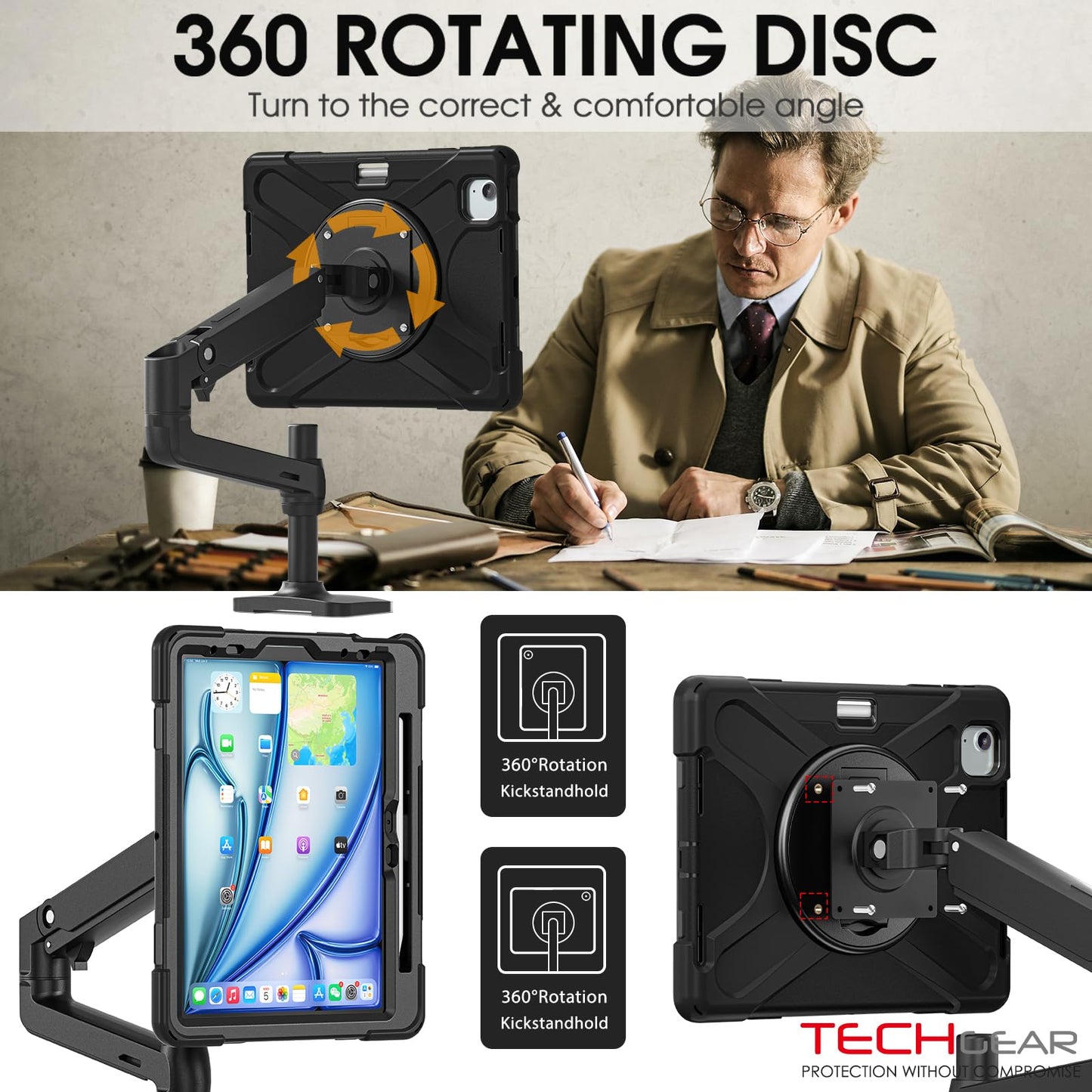 [X-Case] Shockproof Case with VESA 75x75mm Holes, 360 Rotating Stand Mount for Apple iPad Air 11" 7th & 6th, Air 10.9" 4th & 5th, iPad Pro 11" (2018-2022)