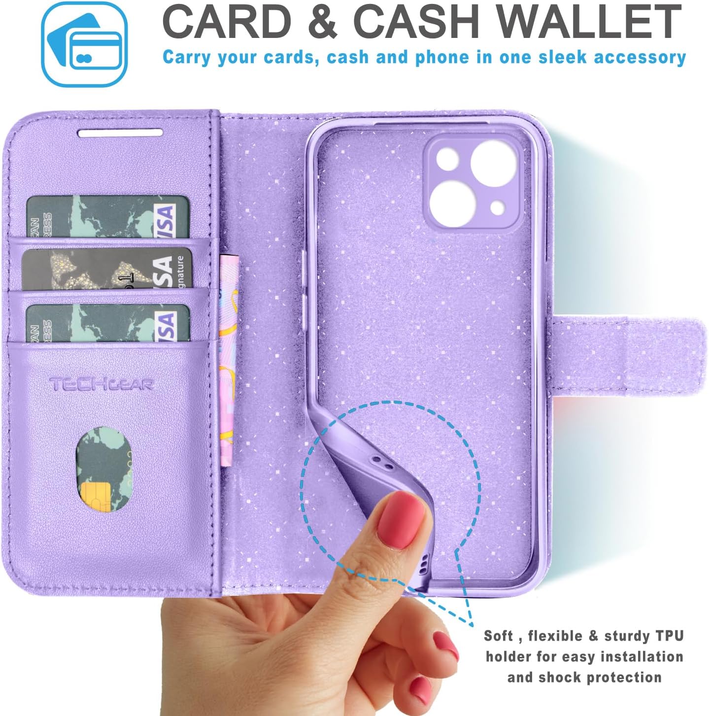 [Leather Wallet Case] Genuine Leather [RFID Blocking] Magnetic Flip Case with Card & Slots and Stand For iPhone 15 6.1"