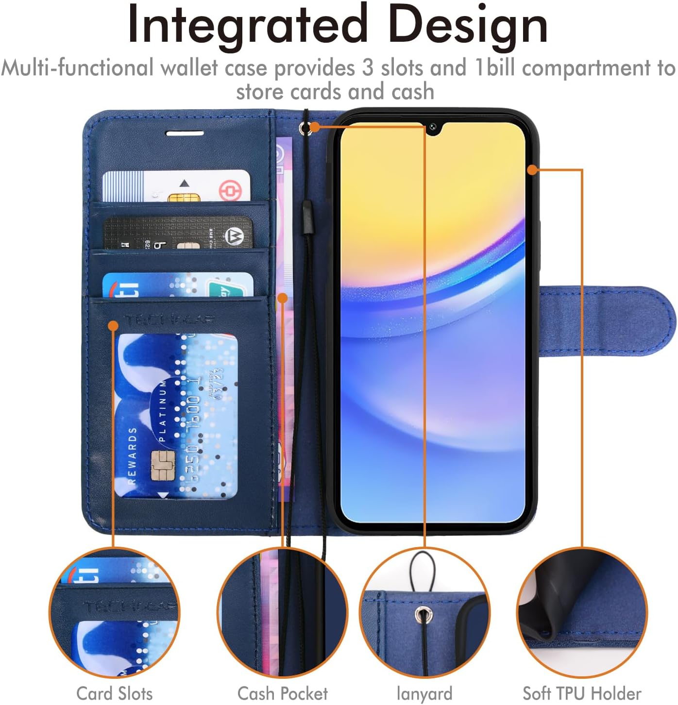 [Leather Wallet Case] Protective Cover with Cash & Card Holder, Stand and Wrist Strap For Samsung Galaxy A15 5g