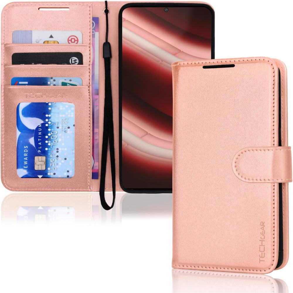 Rose Gold PU Wallet Case With Card Holder TECHGEAR Leather Wallet Case For Oppo A57e / A57s / A57 4G, Flip Protective Case Cover With Wallet Card Holder, Stand & Wrist Strap - Rose Gold PU Wallet Case With Card Holder TECHGEAR Leather Wallet Case For Oppo A57e / A57s / A57 4G, Flip Protective Case Cover With Wallet Card Holder, Stand & Wrist Strap -
