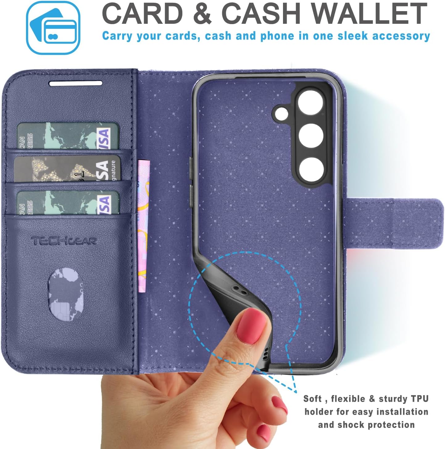 [Leather Wallet Case] Genuine Leather [RFID Blocking] Magnetic Flip Case with Card & Slots and Stand For Samsung Galaxy S24 5G