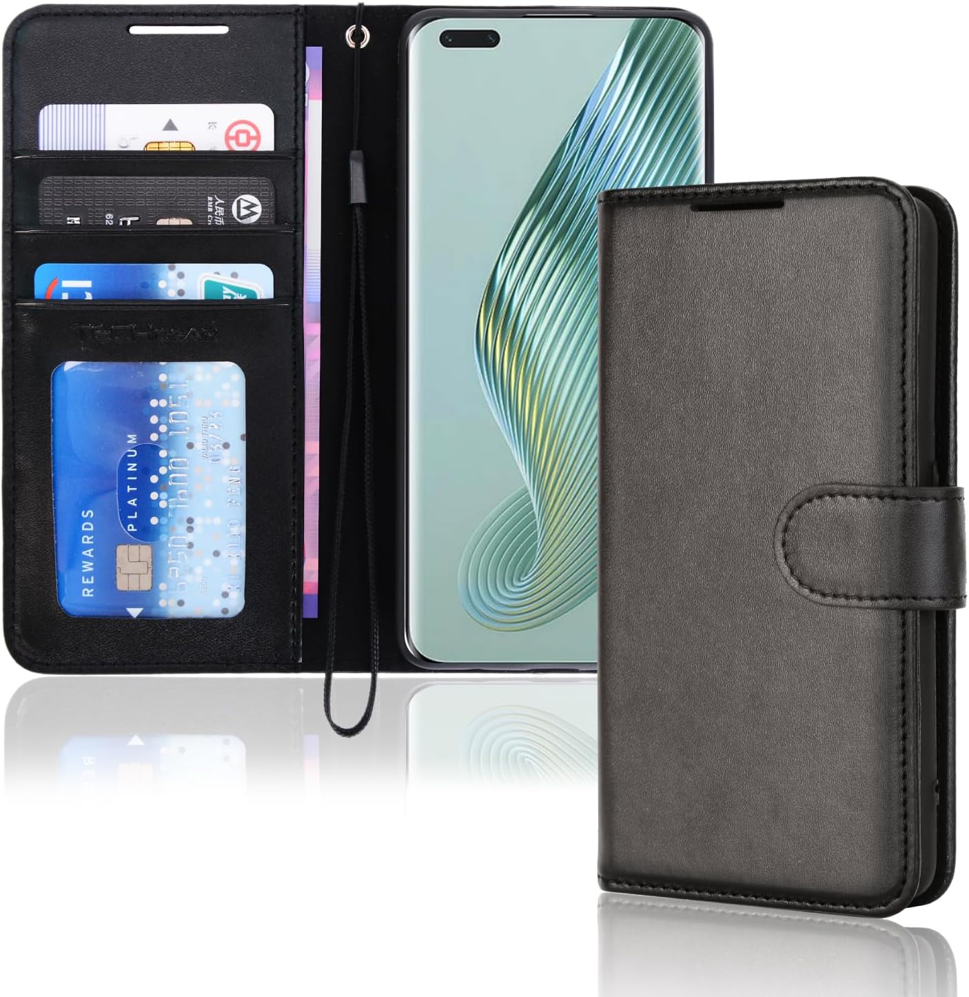 [Wallet Case] Protective Cover with Cash & Card Holder, Stand and Wrist Strap For Honor Magic 5 Pro 5G