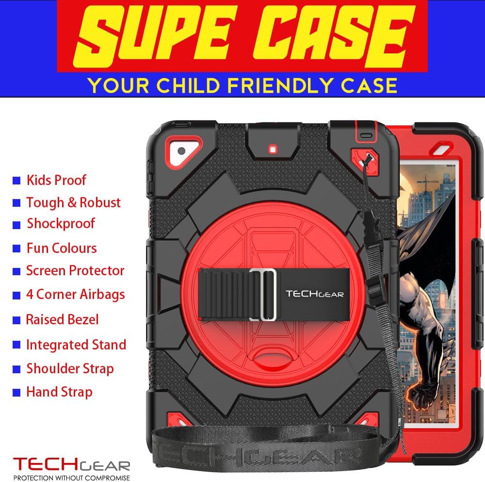 [SUPE Case] Tough Shockproof Fun Case with 360 Rotating Stand, Hand & Shoulder Strap for Apple iPad 10.2" 2021- 2019 [9th - 7th Gen] & iPad Air 3