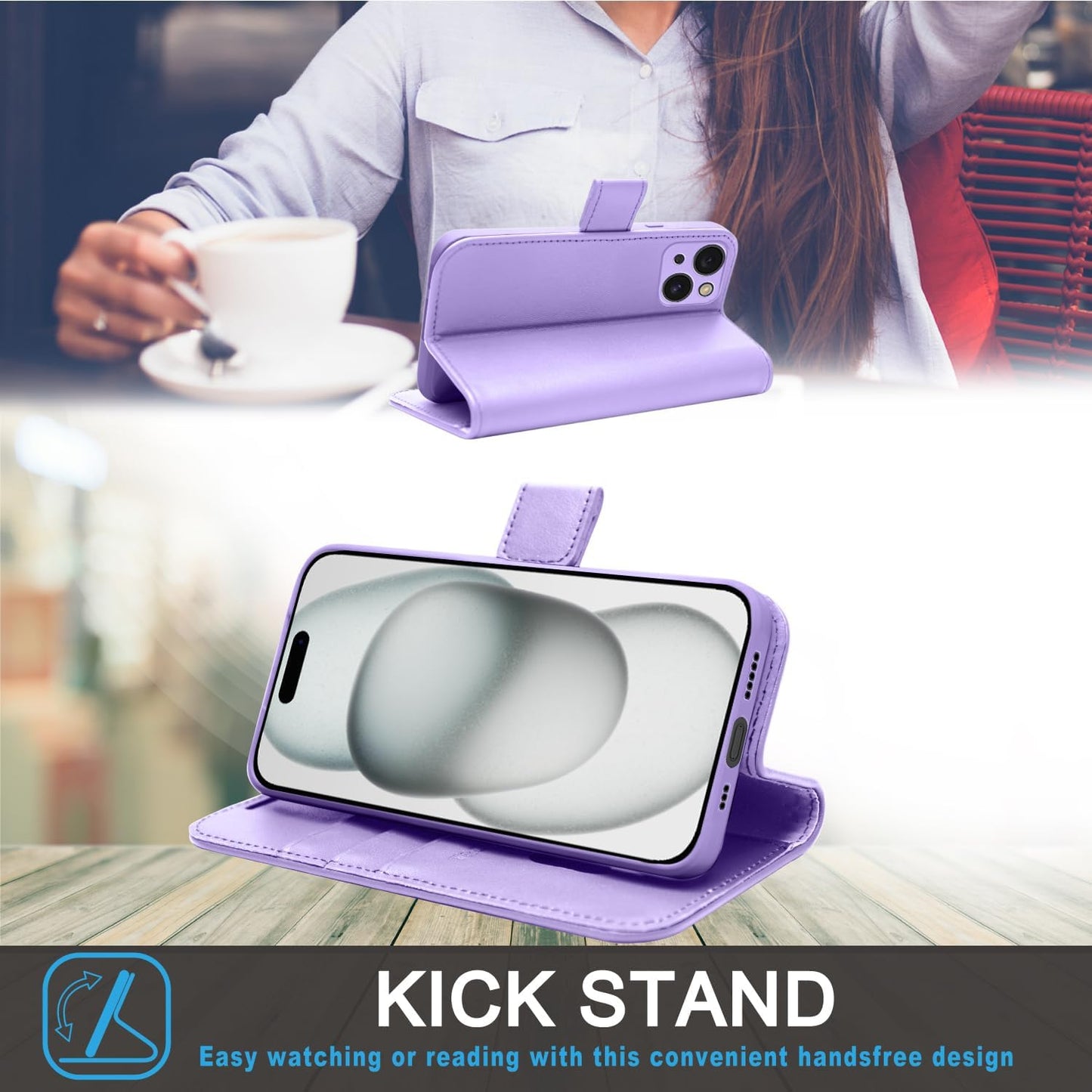 [Leather Wallet Case] Genuine Leather [RFID Blocking] Magnetic Flip Case with Card & Slots and Stand For iPhone 15 6.1"