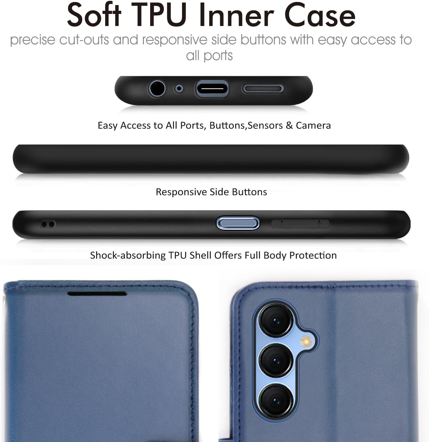[Leather Wallet Case] Protective Cover with Cash & Card Holder, Stand and Wrist Strap For Samsung Galaxy A15 5g