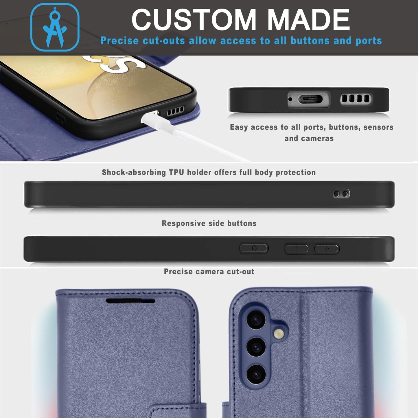 [Leather Wallet Case] Genuine Leather [RFID Blocking] Magnetic Flip Case with Card & Slots and Stand For Samsung Galaxy S24 5G