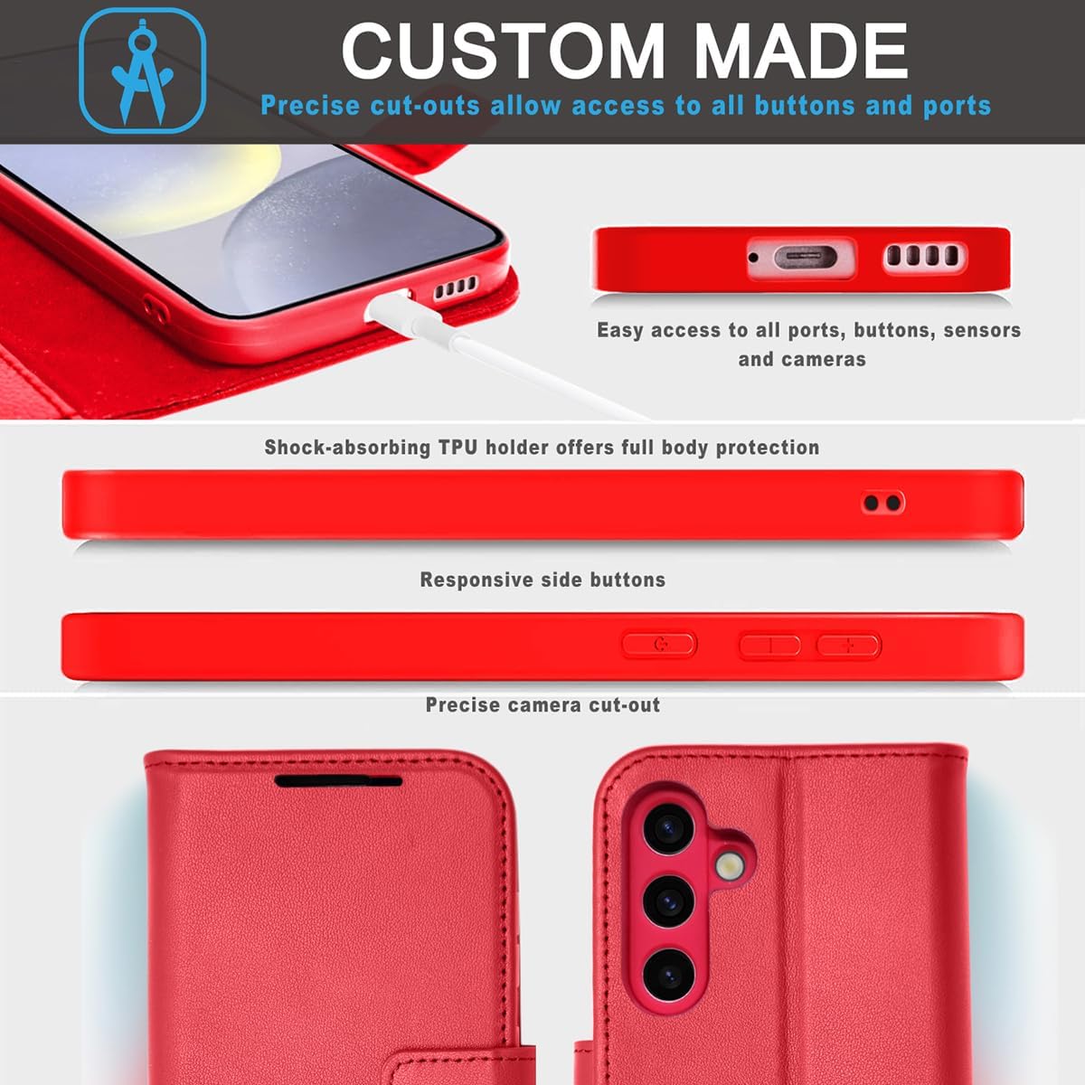 [Leather Wallet Case] Genuine Leather [RFID Blocking] Magnetic Flip Case with Card & Slots and Stand For Samsung Galaxy S24 Plus