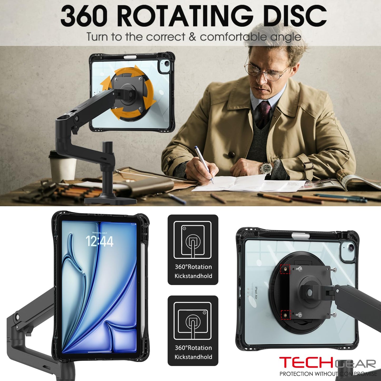 [ExoView Case] Shockproof Case with VESA 75x75mm holes, 360 Rotating Stand Mount for Apple iPad Air 11" 7th & 6th, Air 10.9" 4th & 5th, iPad Pro 11" (2018-2022)