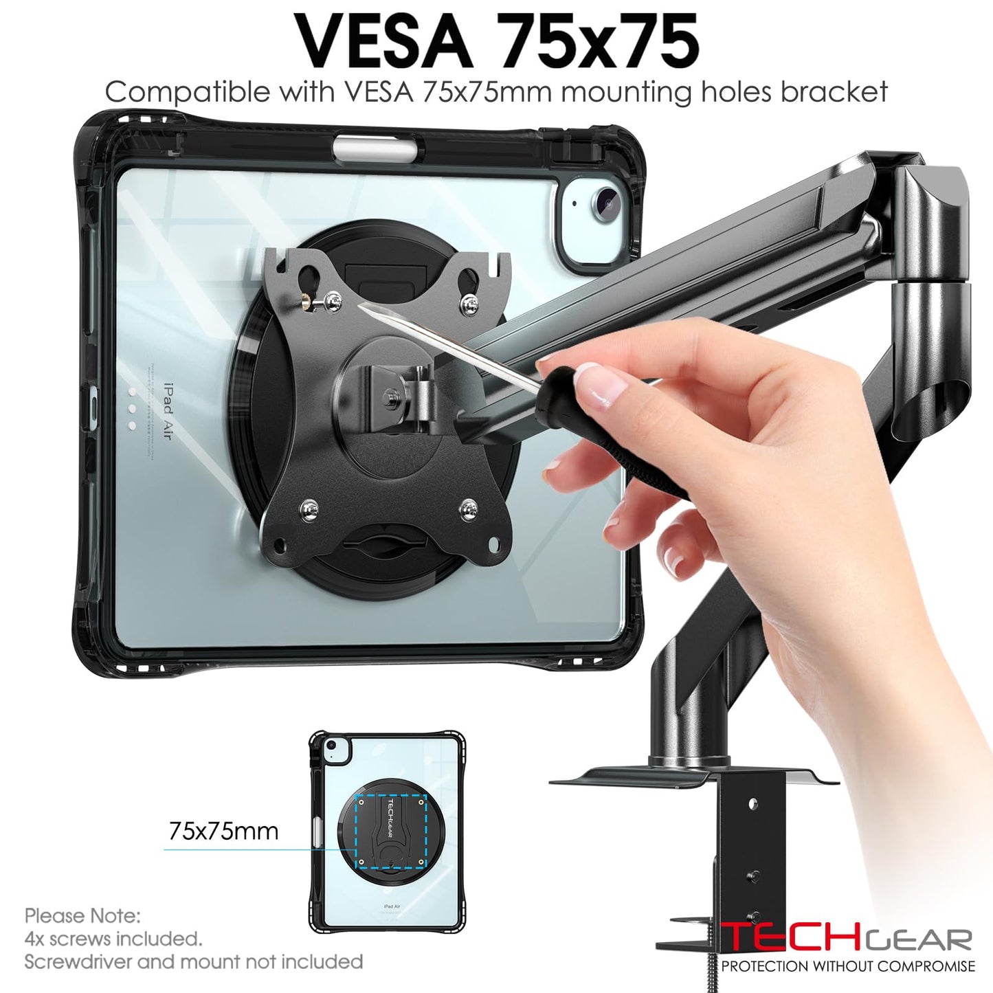 [ExoView Case] Shockproof Case with VESA 75x75mm holes, 360 Rotating Stand Mount for Apple iPad Air 11" 7th & 6th, Air 10.9" 4th & 5th, iPad Pro 11" (2018-2022)
