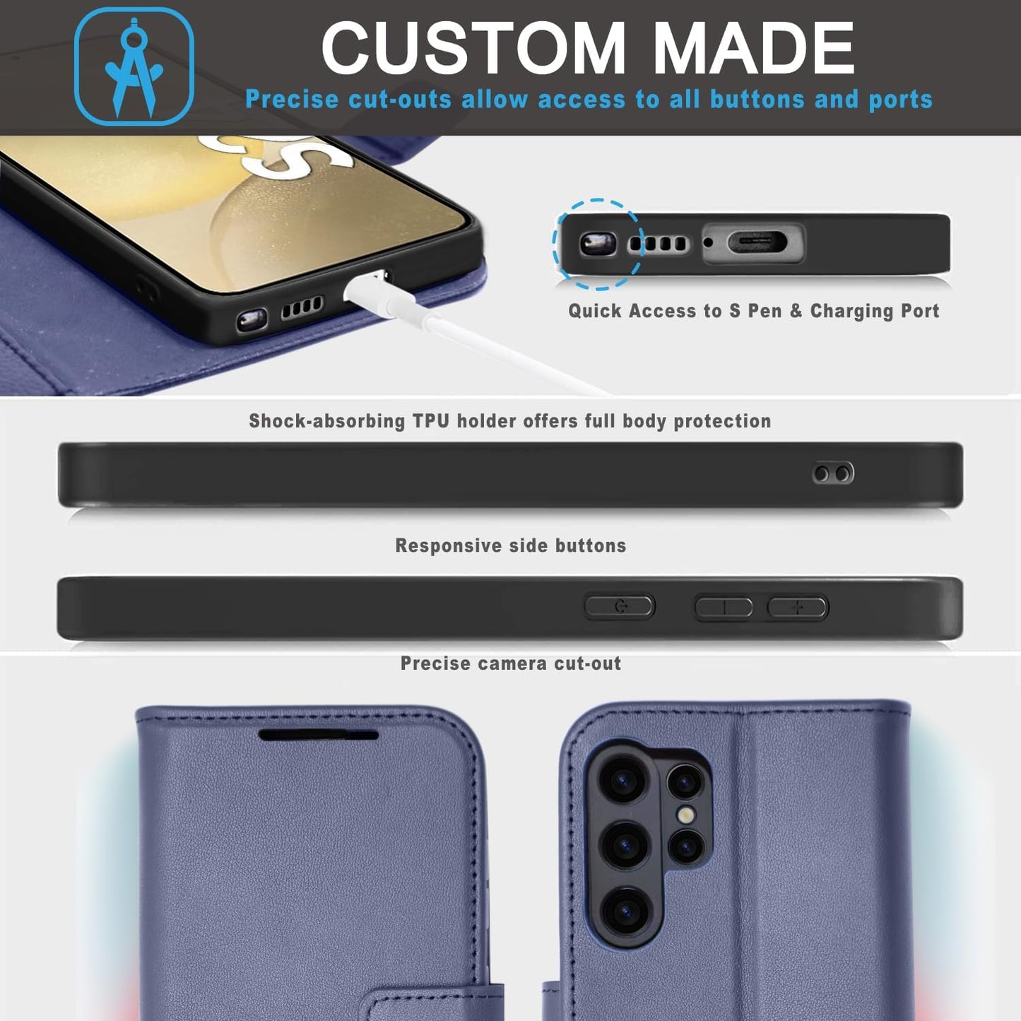 [Leather Wallet Case] Genuine Leather [RFID Blocking] Magnetic Flip Case with Card & Slots and Stand For Samsung Galaxy S24 Ultra