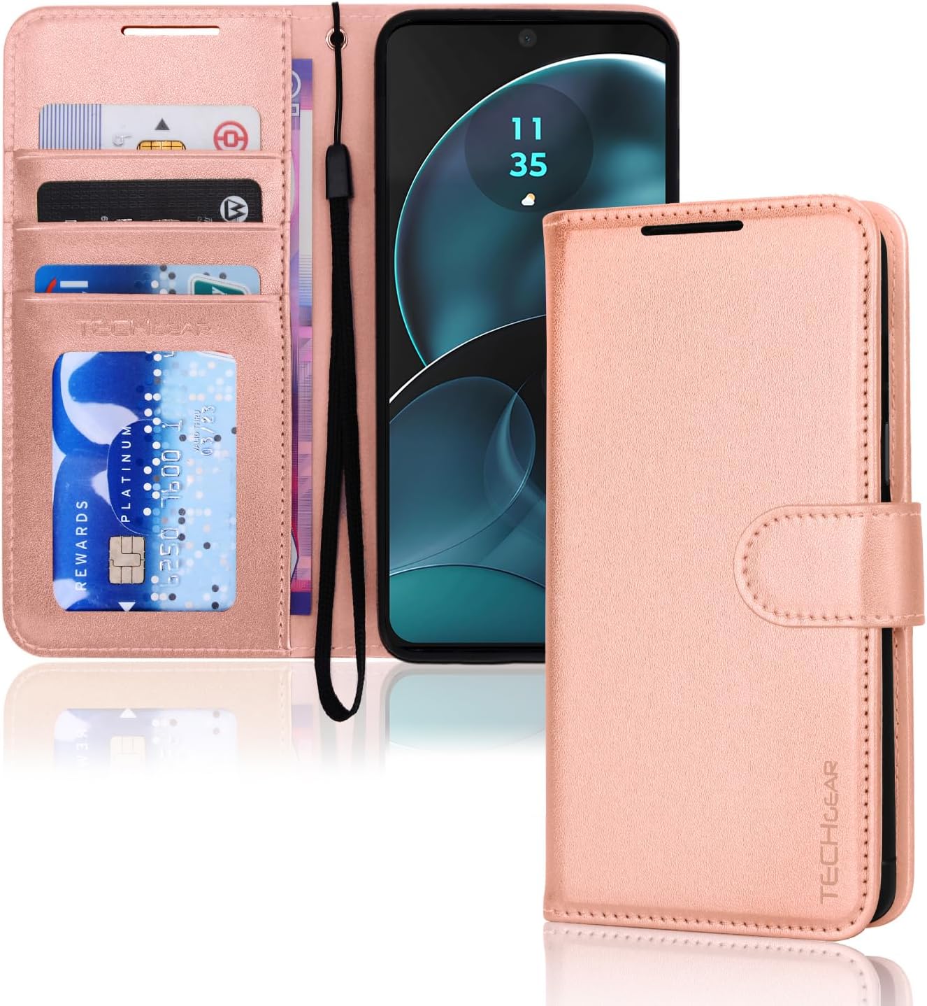 [Leather Wallet Case] Protective Cover with Cash & Card Holder, Stand and Wrist Strap For Motorola Moto G14