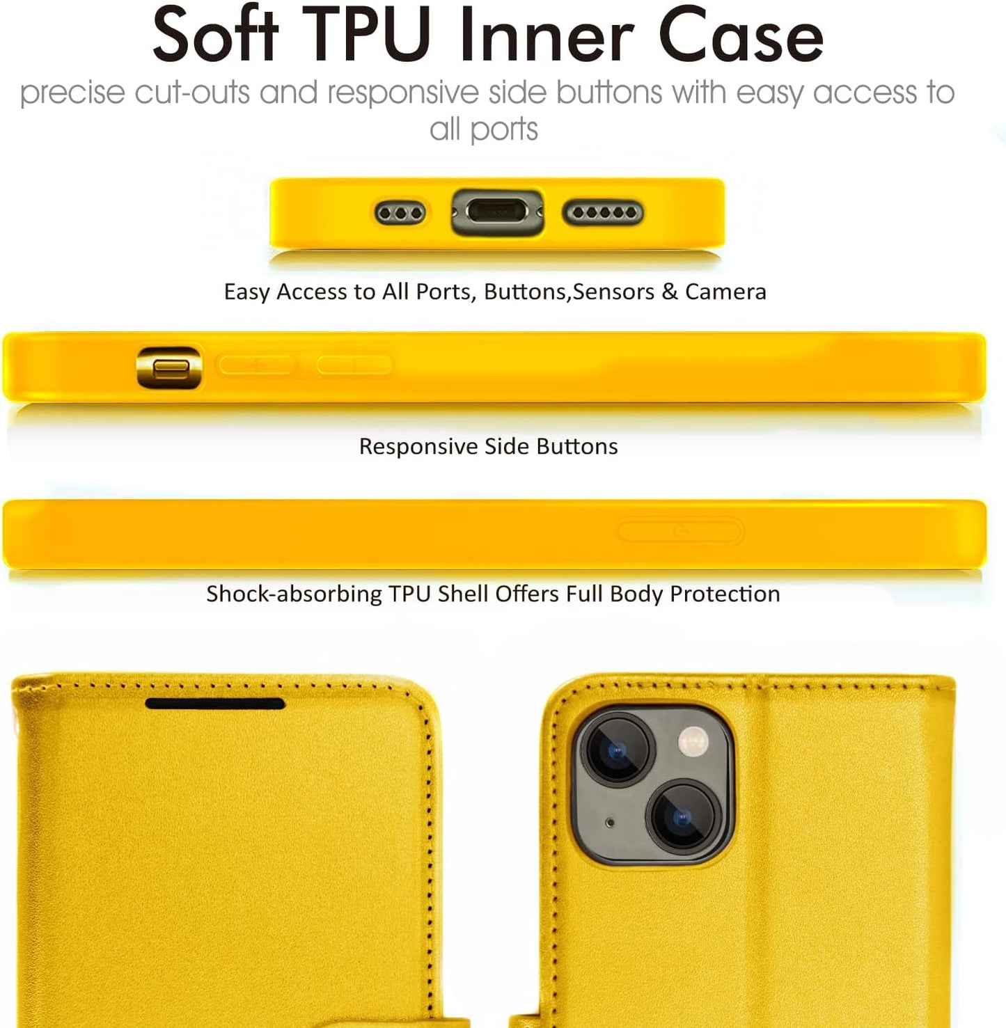 [Wallet Case] Protective Cover with Cash & Card Holder, Stand and Wrist Strap For Apple iPhone 15