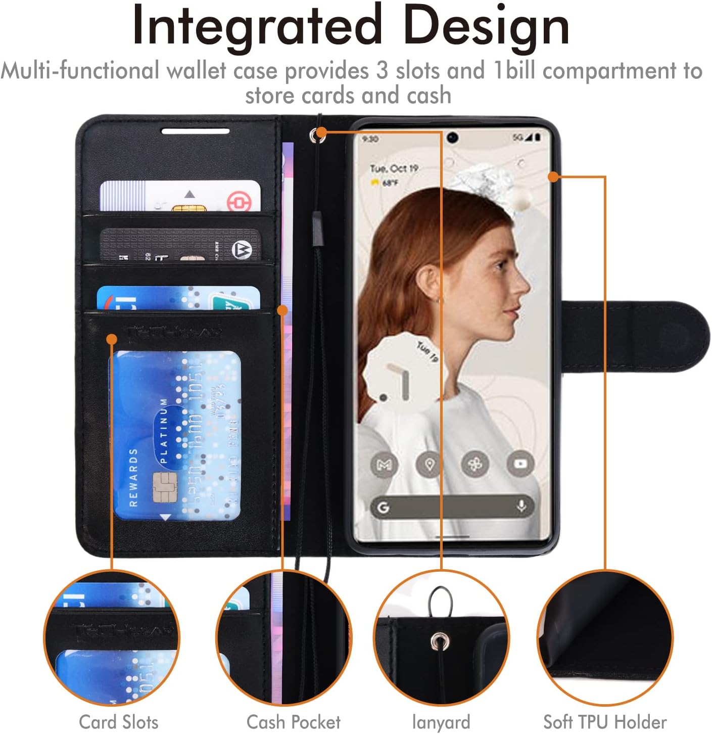 [Wallet Case] Protective Cover with Cash & Card Holder, Stand and Wrist Strap For Google Pixel 8 Pro