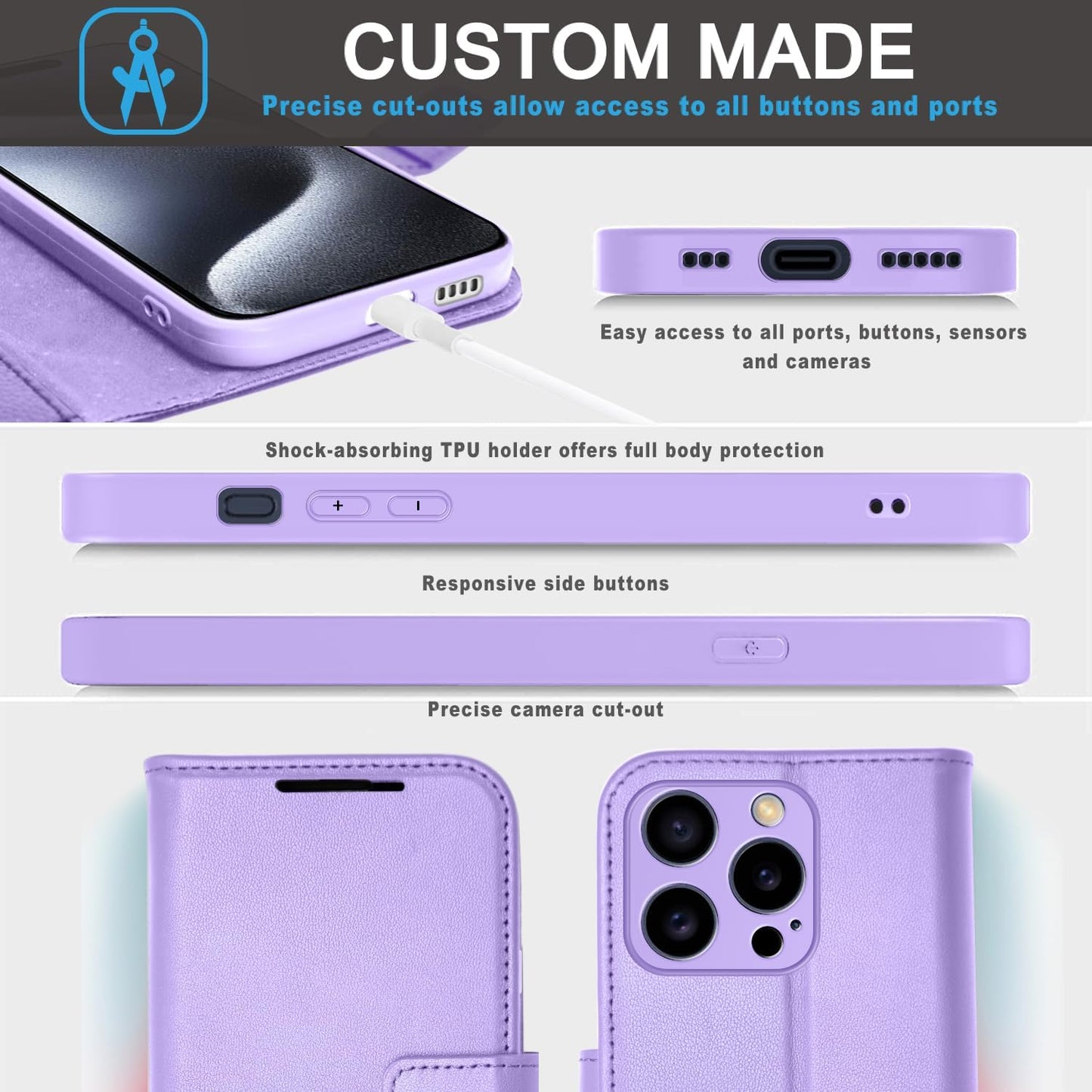 [Leather Wallet Case] Genuine Leather [RFID Blocking] Magnetic Flip Case with Card & Slots and Stand For iPhone 15 Pro