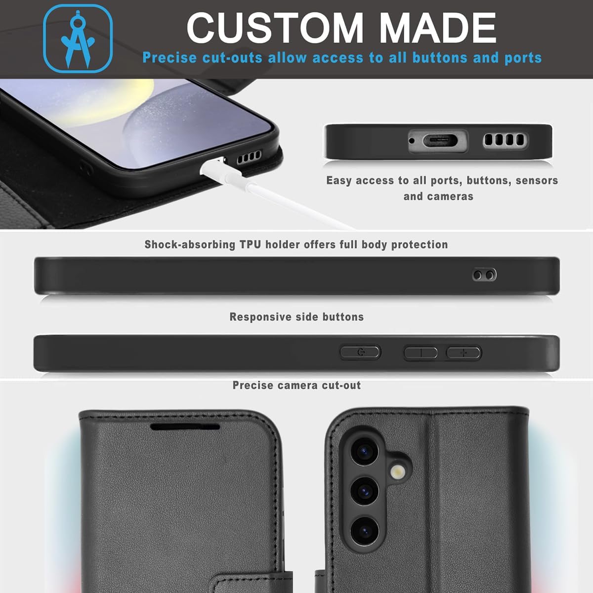 [Leather Wallet Case] Genuine Leather [RFID Blocking] Magnetic Flip Case with Card & Slots and Stand For Samsung Galaxy S24 Plus