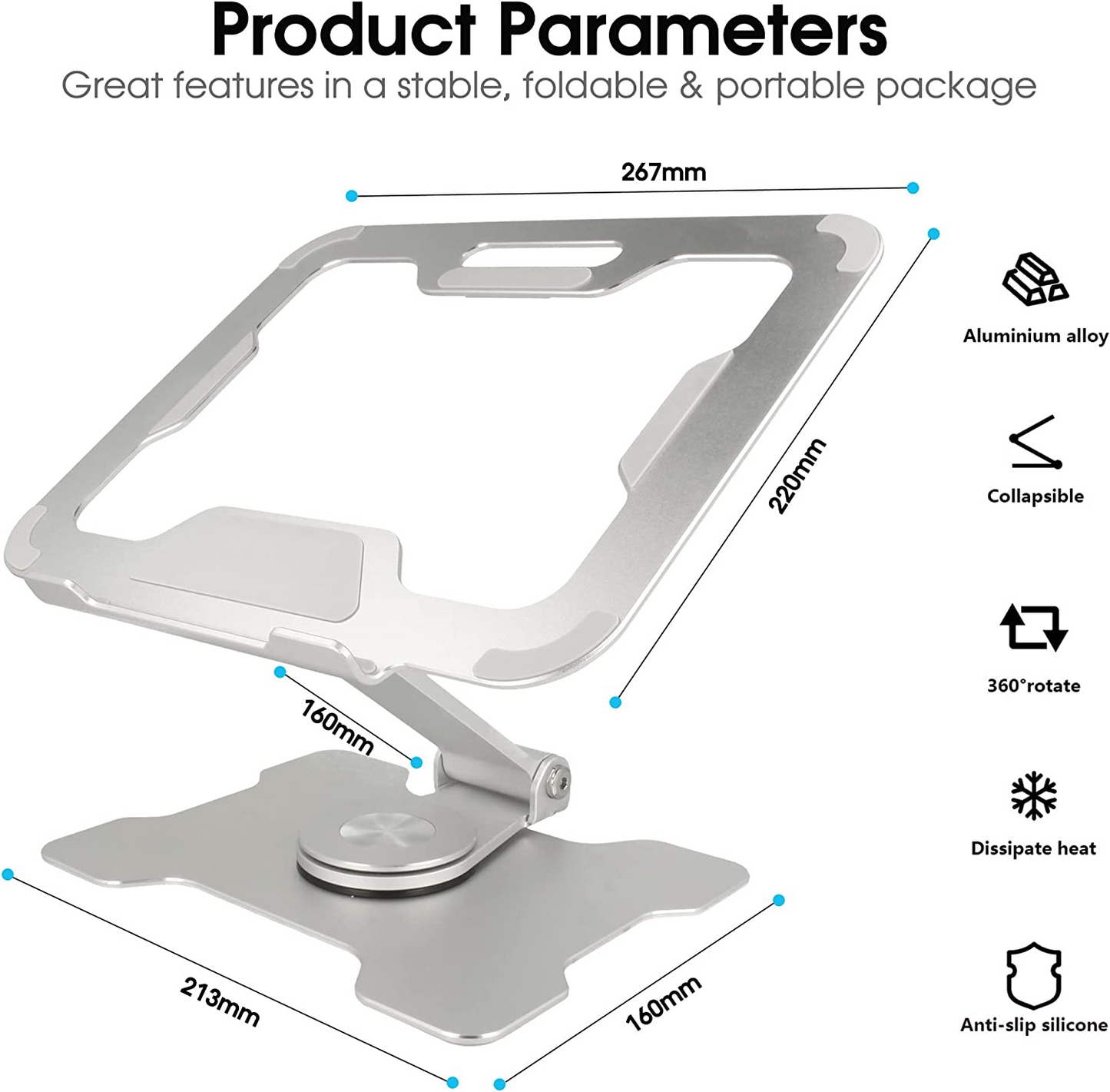 Folding Laptop Stand with 360 Rotating Base and Heat-Vent