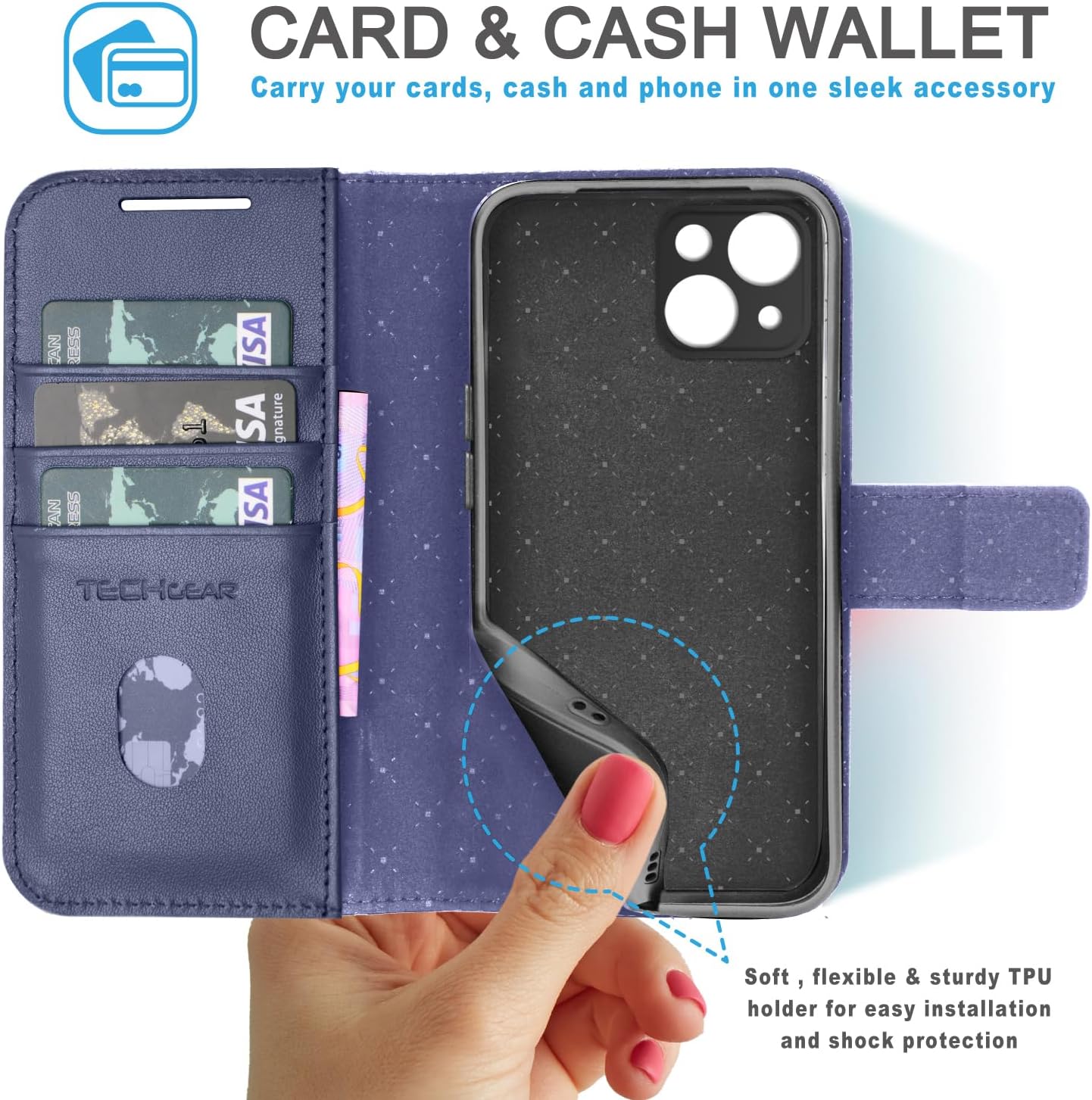 [Leather Wallet Case] Genuine Leather [RFID Blocking] Magnetic Flip Case with Card & Slots and Stand For iPhone 15 6.1"