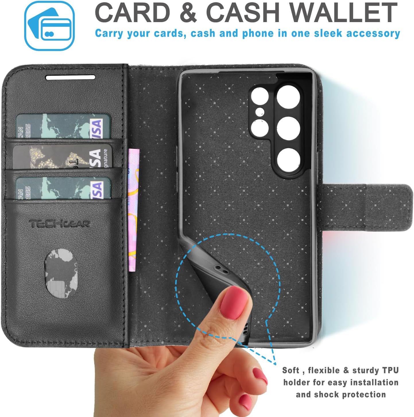 [Leather Wallet Case] Genuine Leather [RFID Blocking] Magnetic Flip Case with Card & Slots and Stand For Samsung Galaxy S24 Ultra
