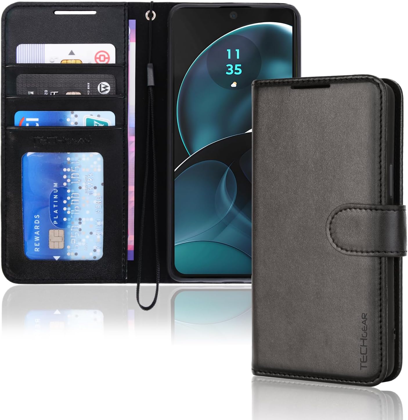 [Leather Wallet Case] Protective Cover with Cash & Card Holder, Stand and Wrist Strap For Motorola Moto G14