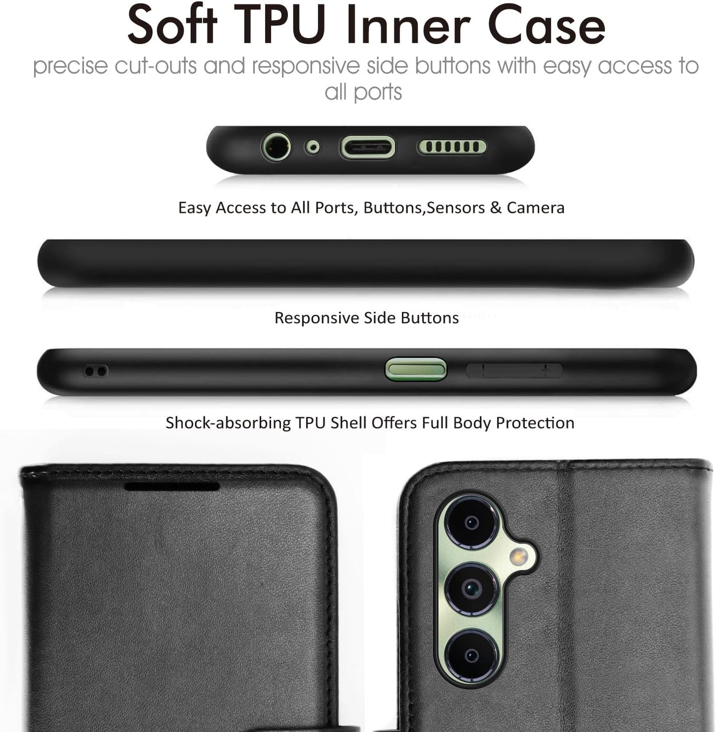 [Leather Wallet Case] Protective Cover with Cash & Card Holder, Stand and Wrist Strap For Samsung Galaxy A05s