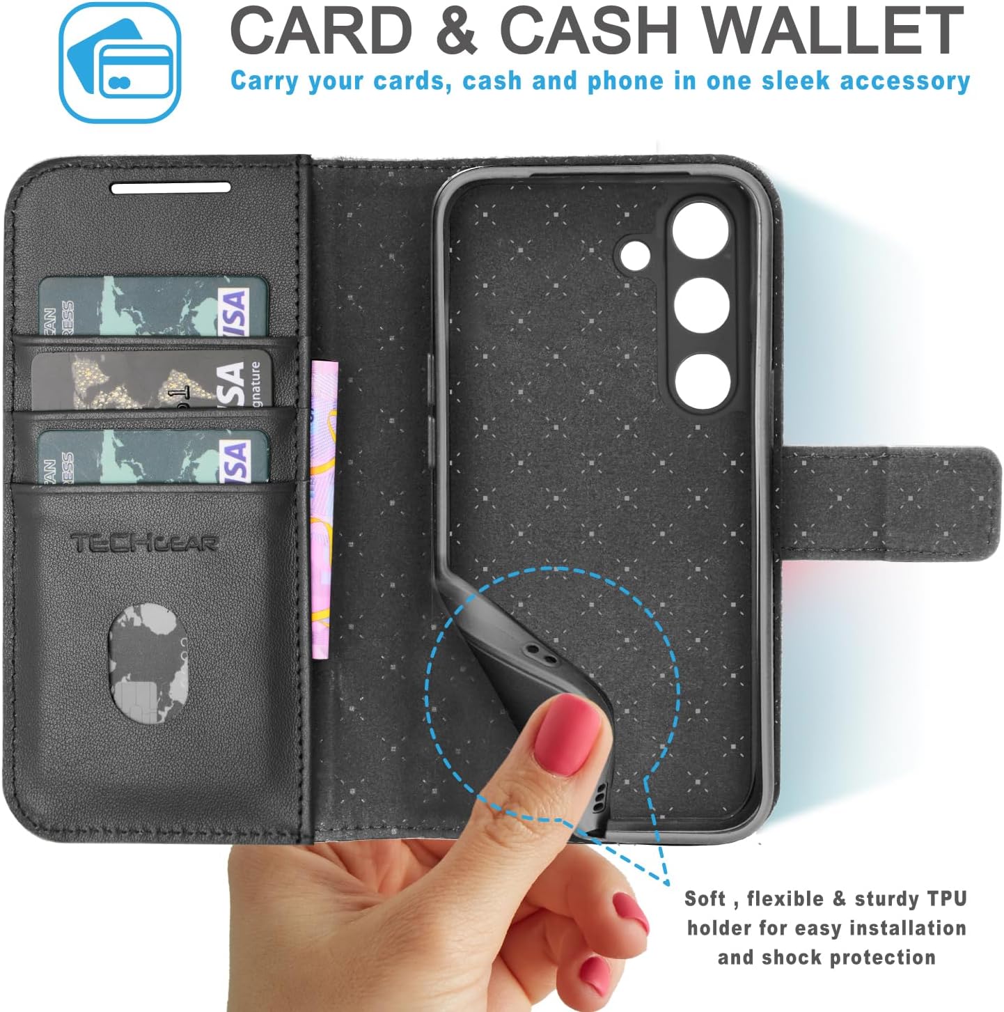 [Leather Wallet Case] Genuine Leather [RFID Blocking] Magnetic Flip Case with Card & Slots and Stand For Samsung Galaxy S24 5G