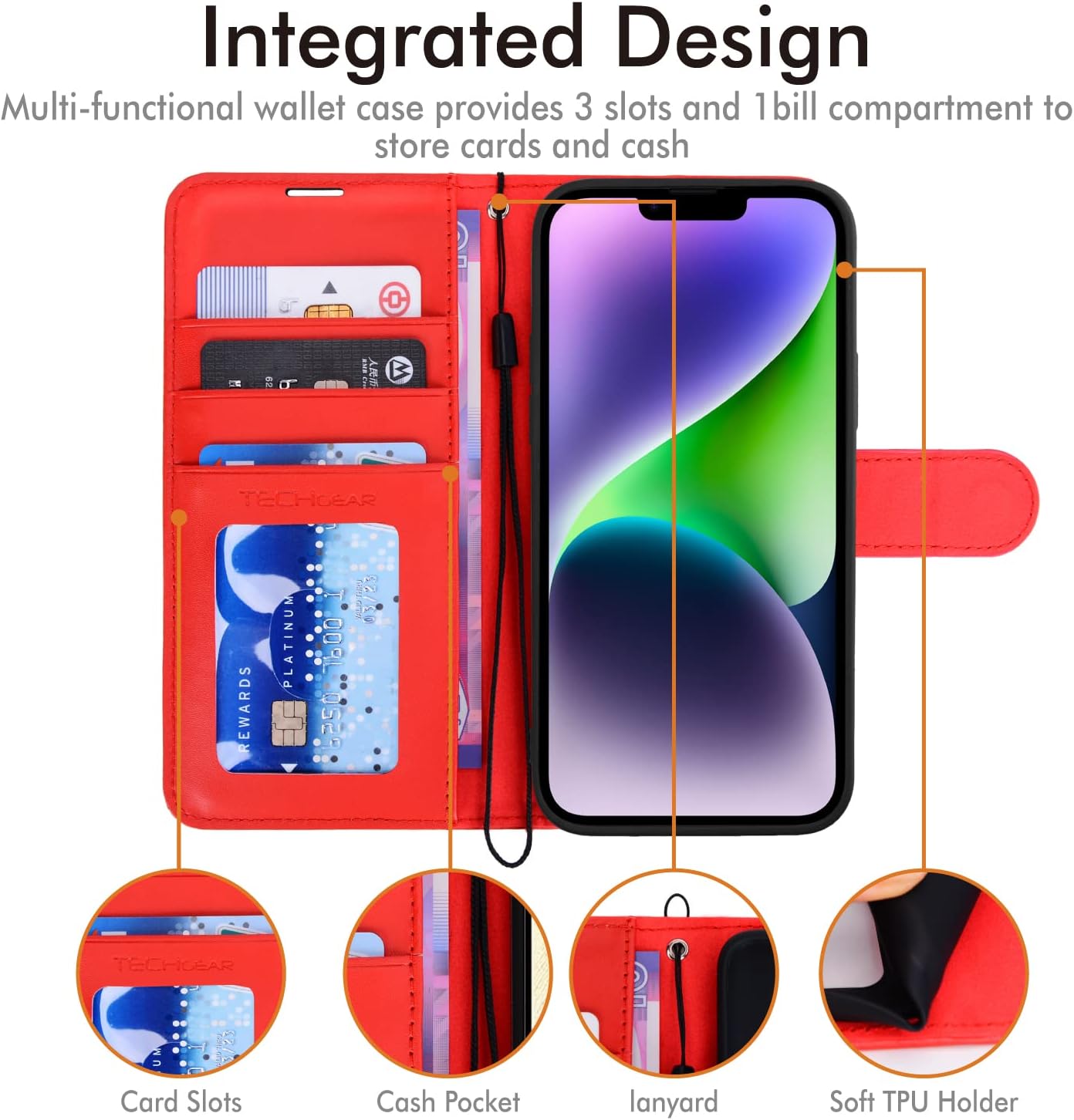[Wallet Case] Protective Cover with Cash & Card Holder, Stand and Wrist Strap For Apple iPhone 15