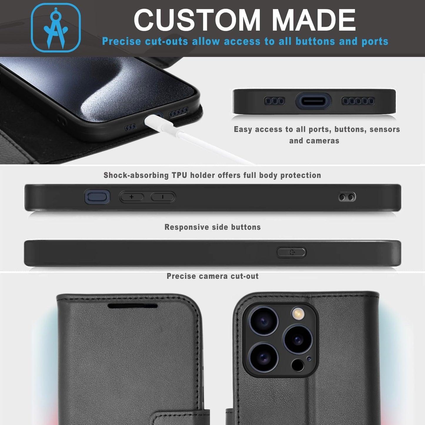 [Leather Wallet Case] Genuine Leather [RFID Blocking] Magnetic Flip Case with Card & Slots and Stand For iPhone 15 Pro