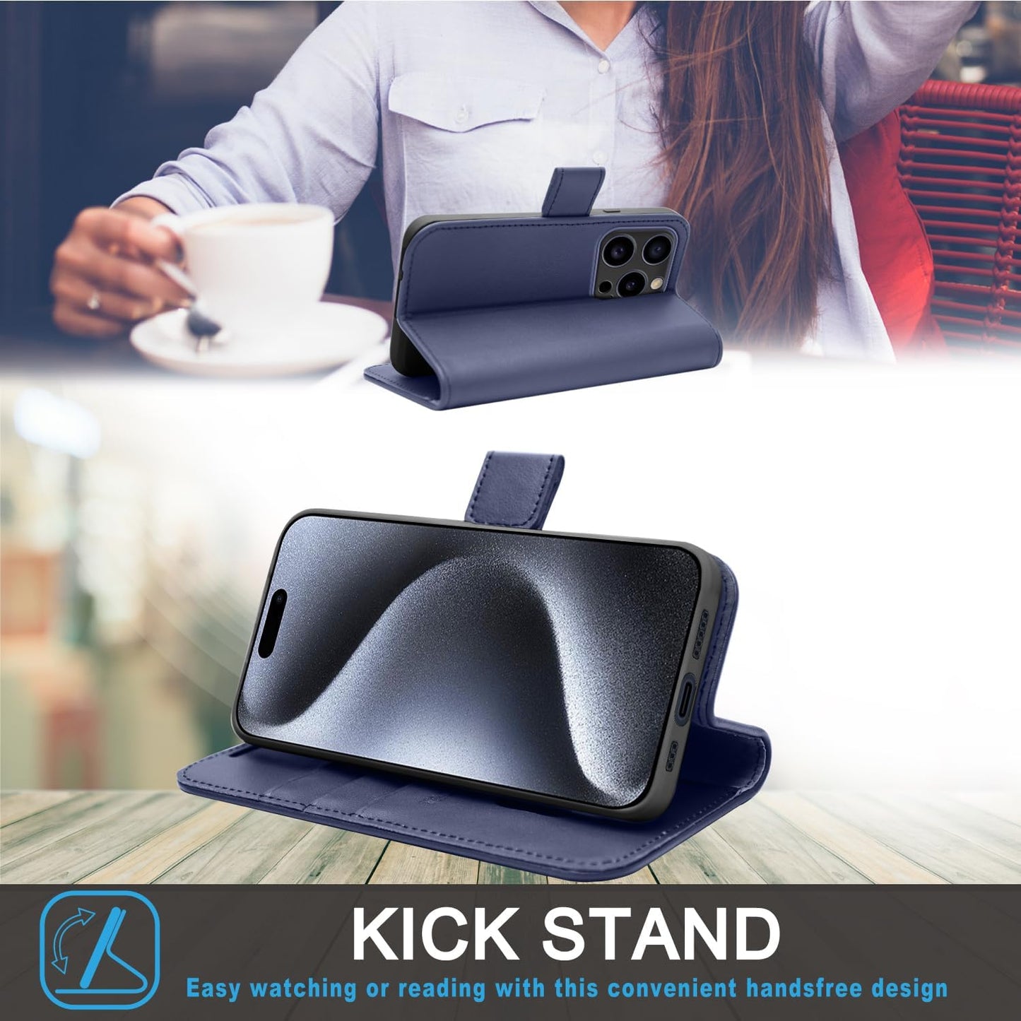 [Leather Wallet Case] Genuine Leather [RFID Blocking] Magnetic Flip Case with Card & Slots and Stand For iPhone 15 Pro