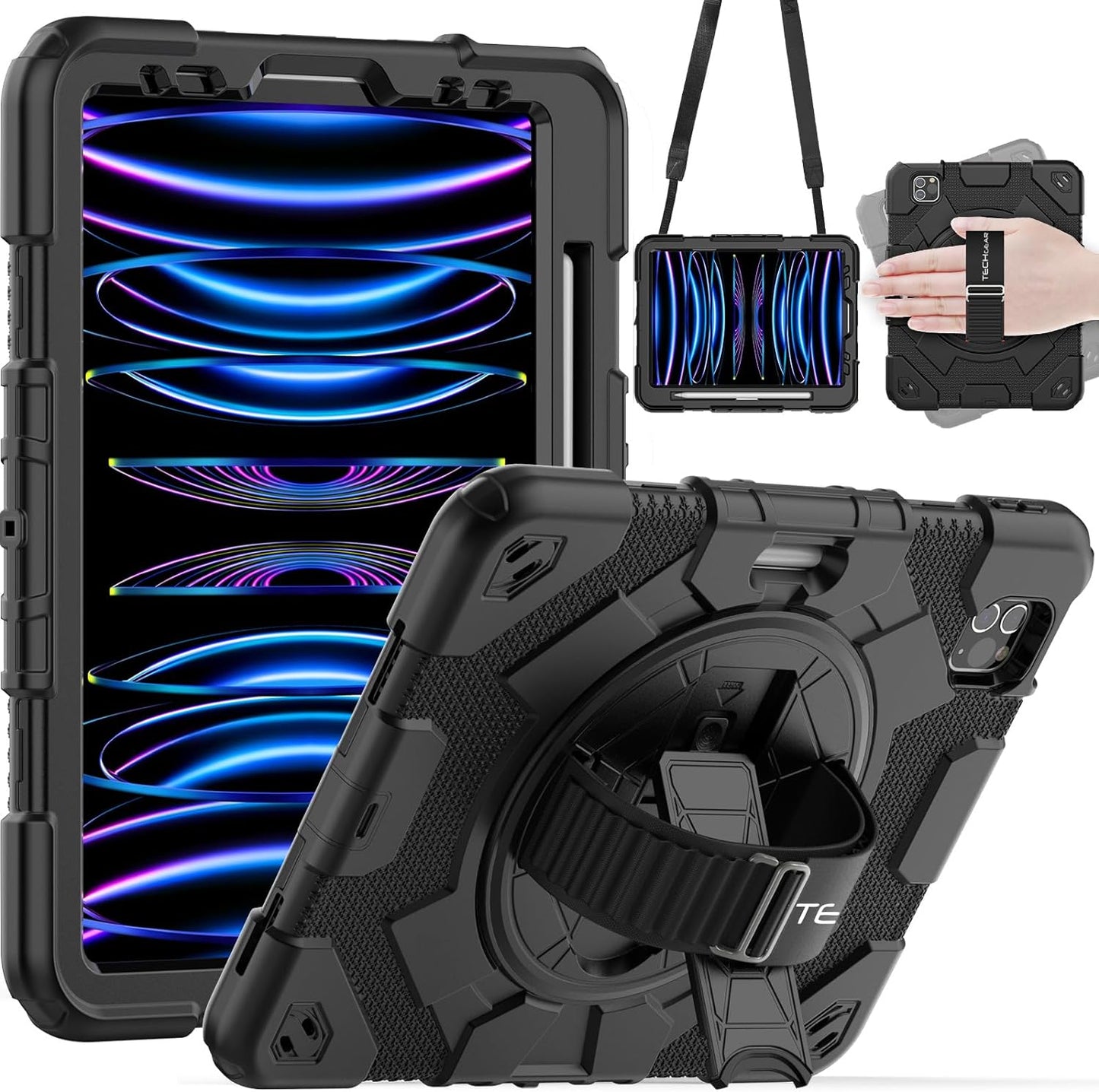 [SUPE Case] Tough Shockproof Fun Case with 360 Rotating Stand, Hand & Shoulder Strap for Apple iPad Air 10.9" 4th / 5th Gen & iPad Pro 11" 2022/2021