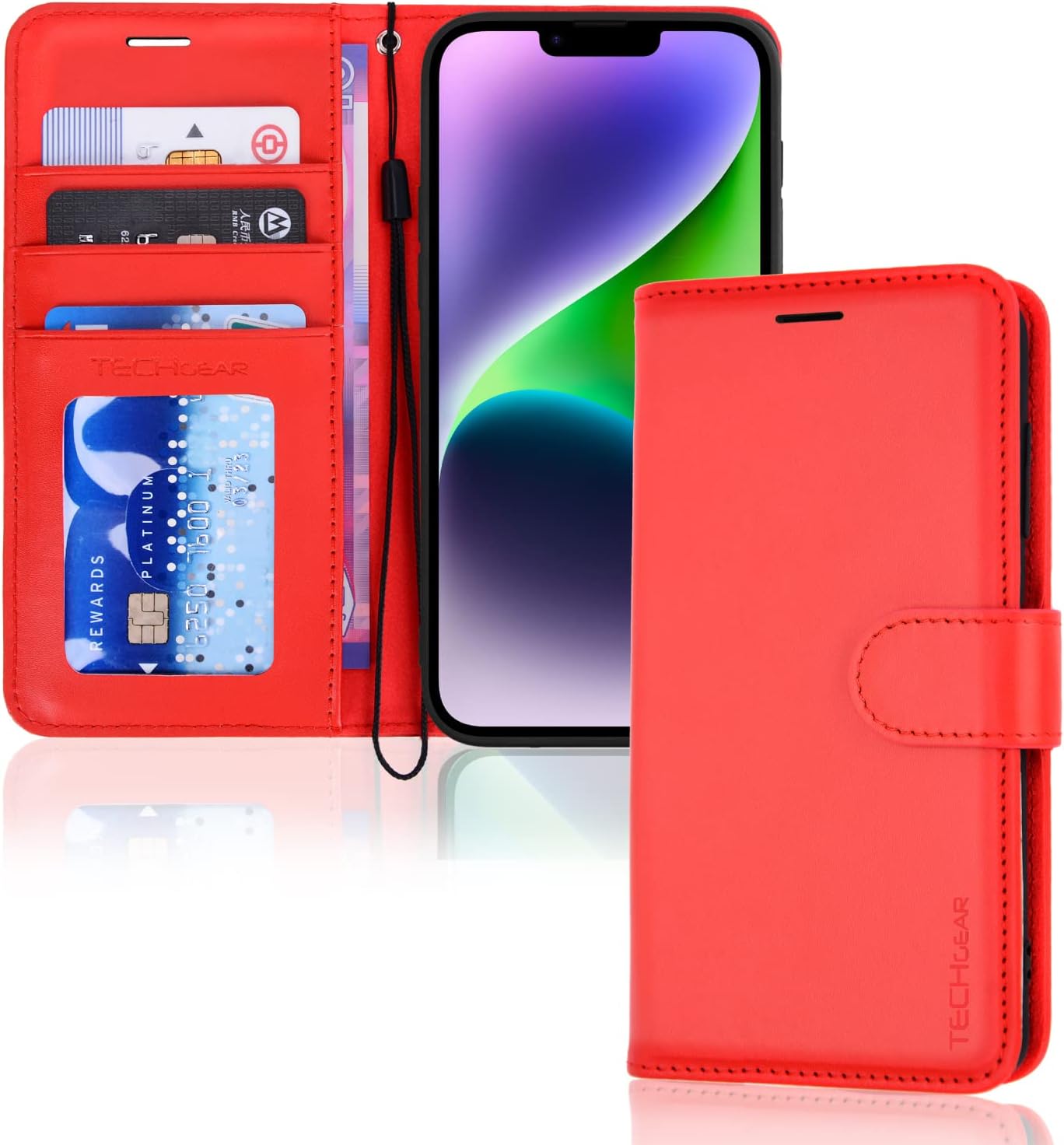 [Wallet Case] Protective Cover with Cash & Card Holder, Stand and Wrist Strap For Apple iPhone 15
