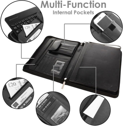 Executive Leather Folio Organiser with Anti-Shock Bubble Interior and Stash Pockets, Pouches and Card Slots