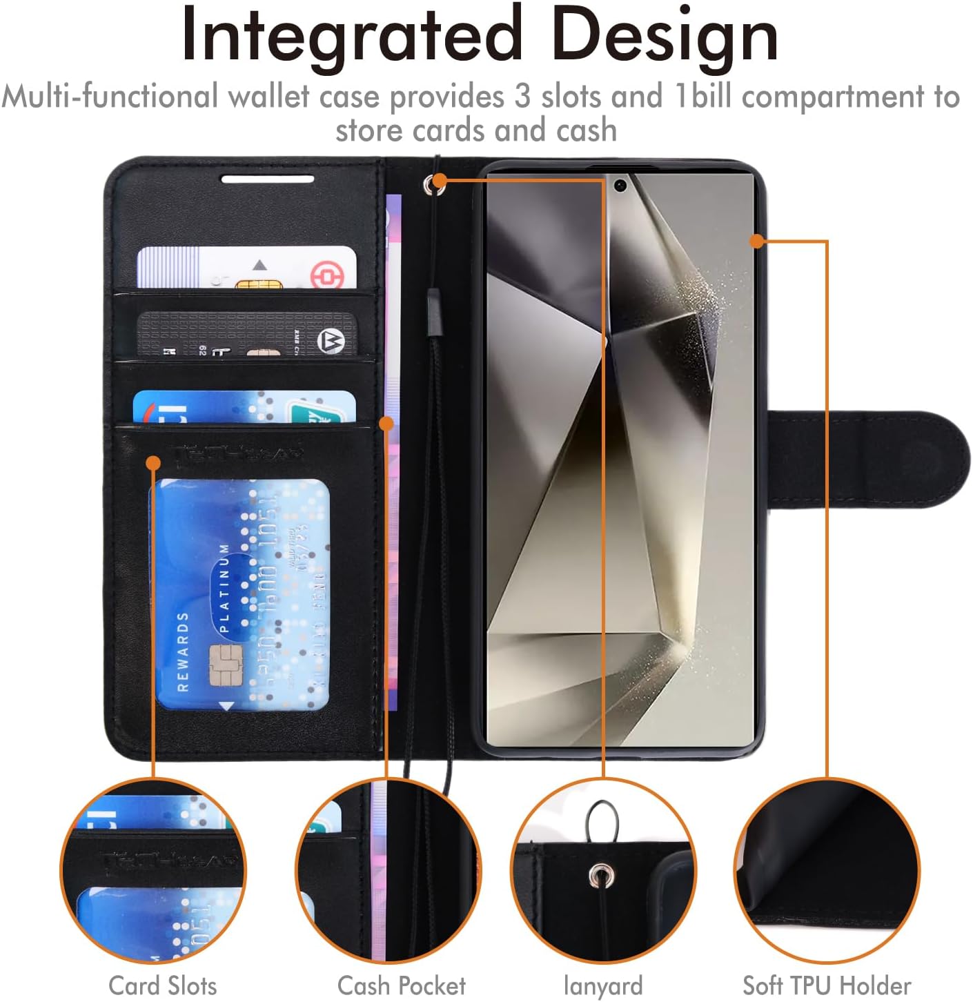 [Wallet Case] Protective Cover with Cash & Card Holder, Stand and Wrist Strap For Samsung Galaxy S24 Ultra