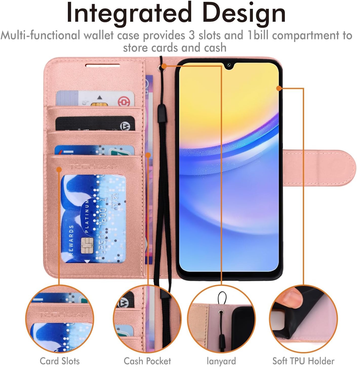 [Leather Wallet Case] Protective Cover with Cash & Card Holder, Stand and Wrist Strap For Samsung Galaxy A15 5g