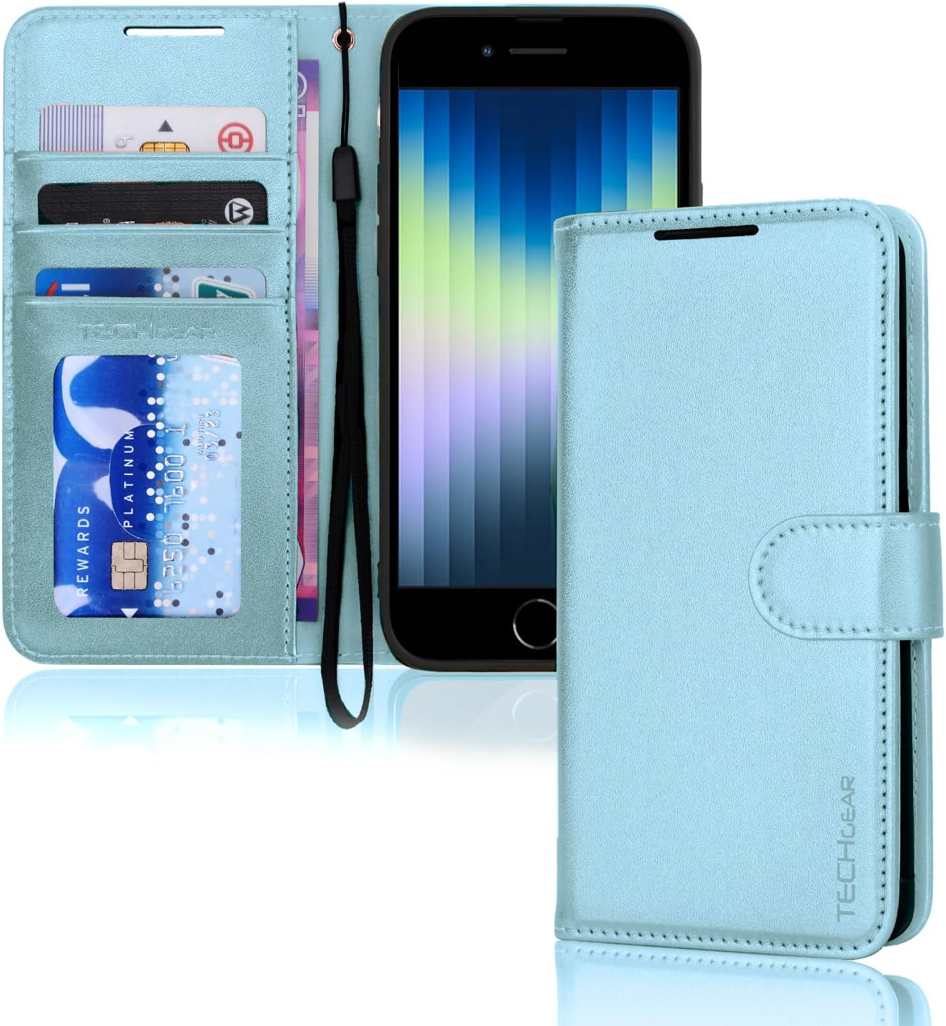 [Wallet Case] Protective Cover with Cash & Card Holder, Stand and Wrist Strap For Apple iPhone SE 3 / SE 2 / iPhone 8 7 6 6s 4.7"