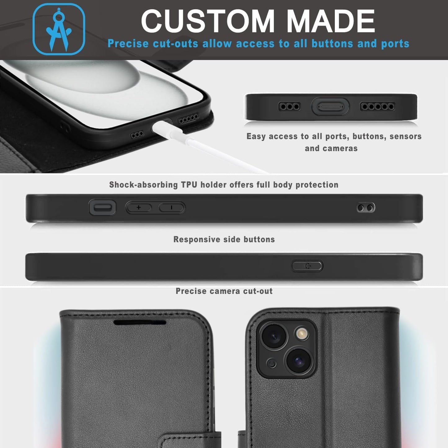 [Leather Wallet Case] Genuine Leather [RFID Blocking] Magnetic Flip Case with Card & Slots and Stand For iPhone 15 6.1"