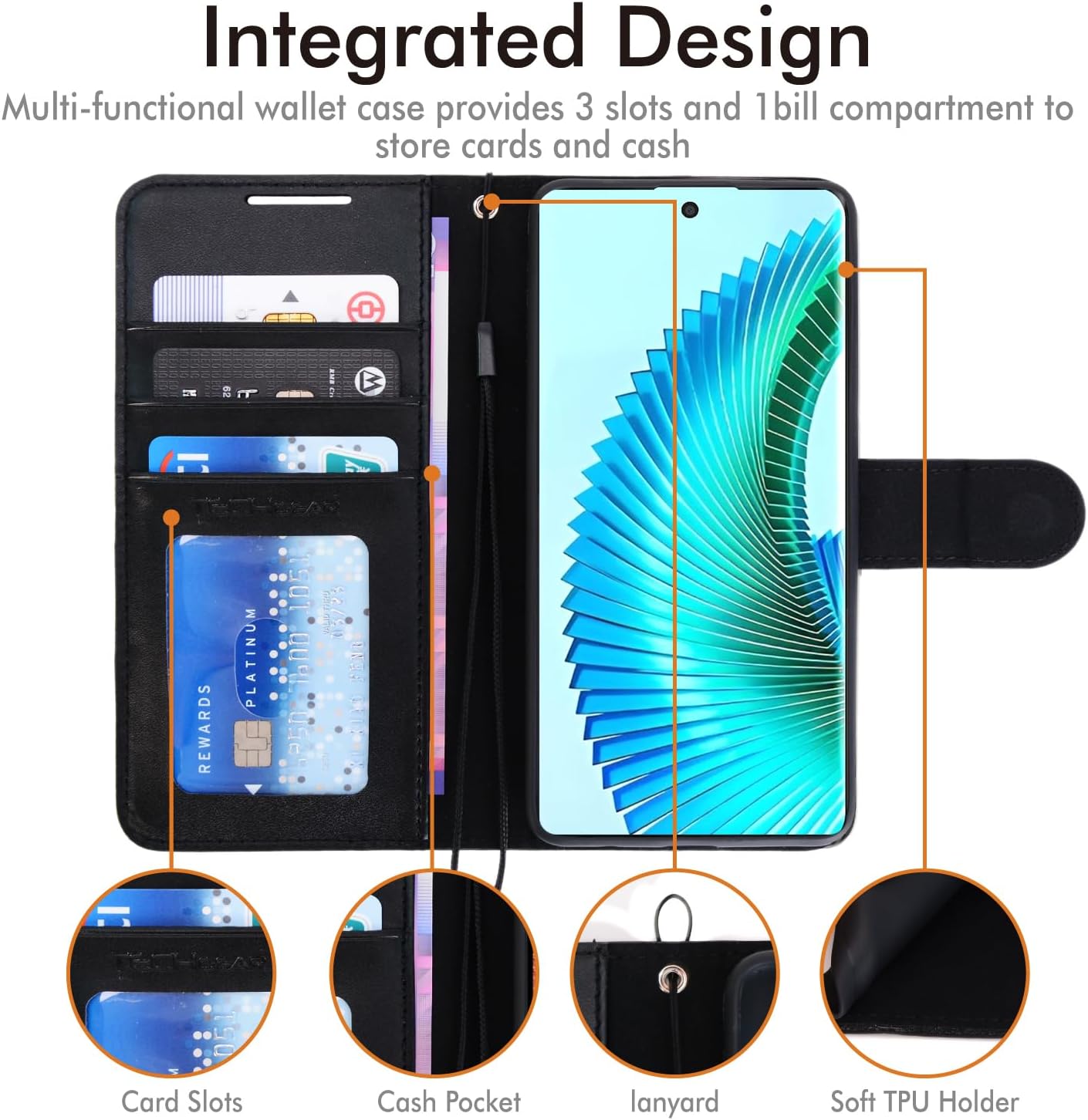 [Wallet Case] Protective Cover with Cash & Card Holder, Stand and Wrist Strap [RFID BLOCKING] For Honor Magic 6 Lite 5G