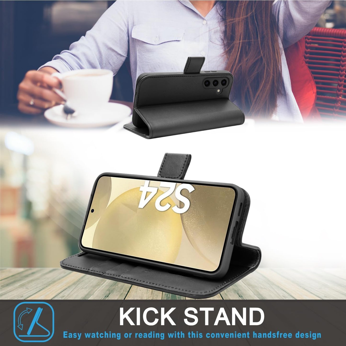 [Leather Wallet Case] Genuine Leather [RFID Blocking] Magnetic Flip Case with Card & Slots and Stand For Samsung Galaxy S24 5G