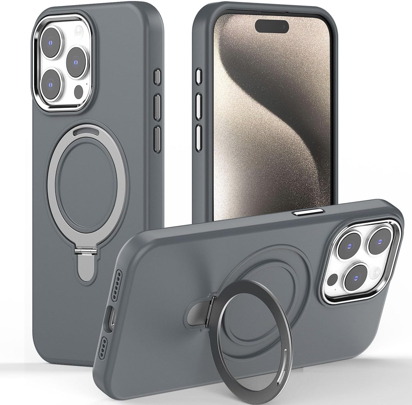 Premium Liquid Silicone Shockproof Anti-Scratch Magnetic Kickstand Case, Soft Microfibre Lining, Compatible with MagSafe Case for iPhone 15 Pro 6.1"